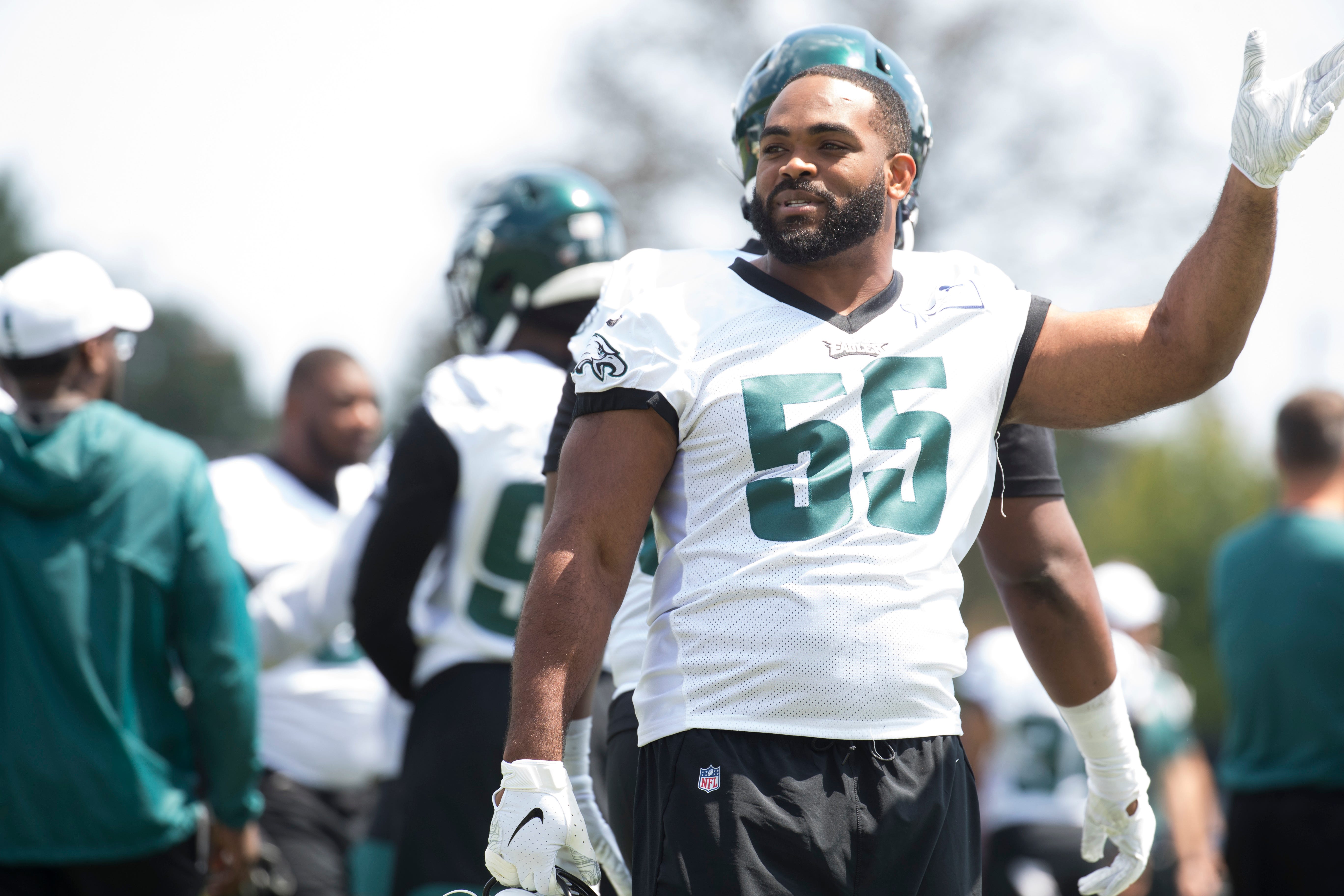 Eagles' Brandon Graham (55) takes to the practice field during training camp Thursday at the NovaCare Complex.