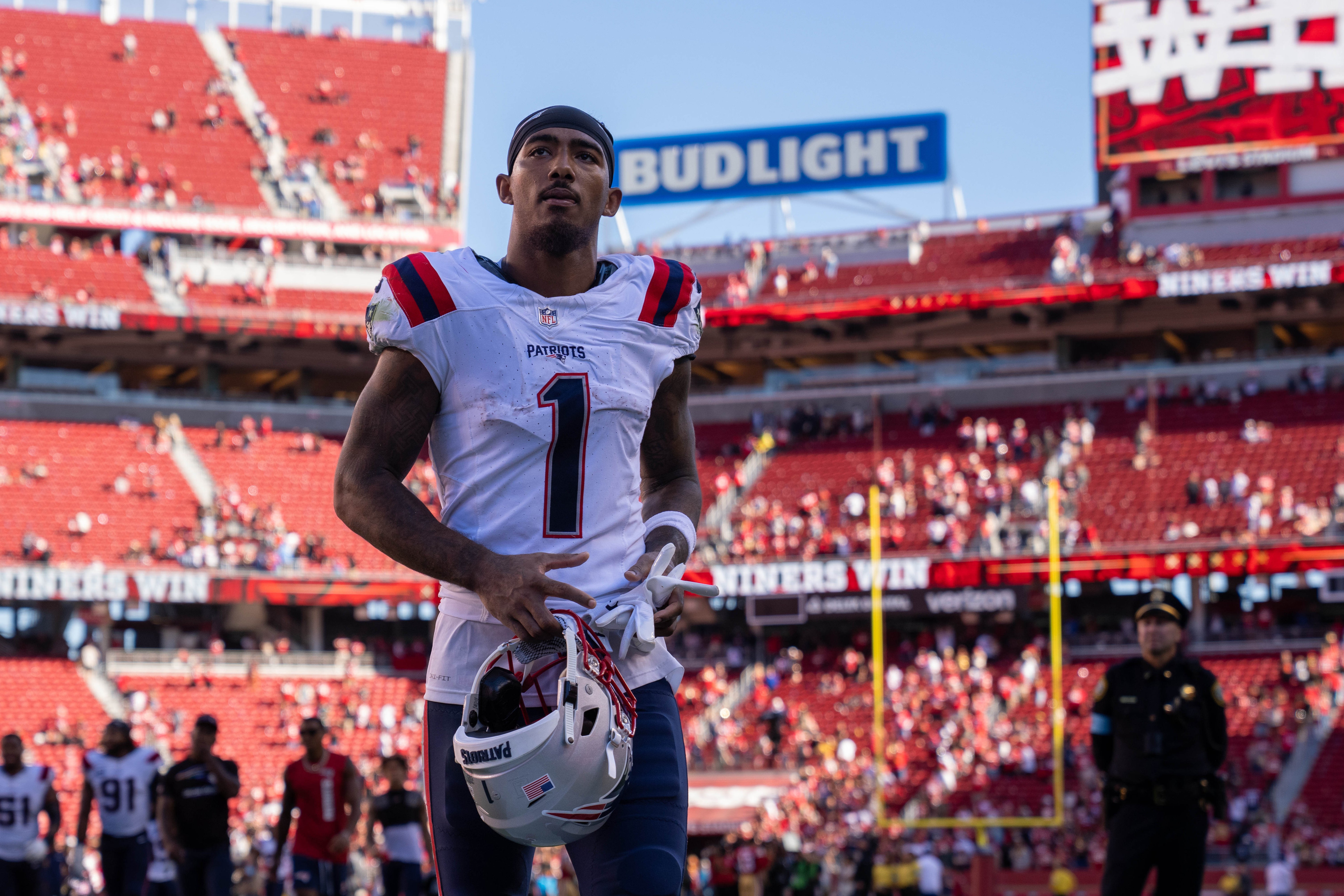 Sep 29, 2024; Santa Clara, California, USA; New England Patriots wide receiver Ja'Lynn Polk (1) leaves the field after the game against the San Francisco 49ers at Levi's Stadium.