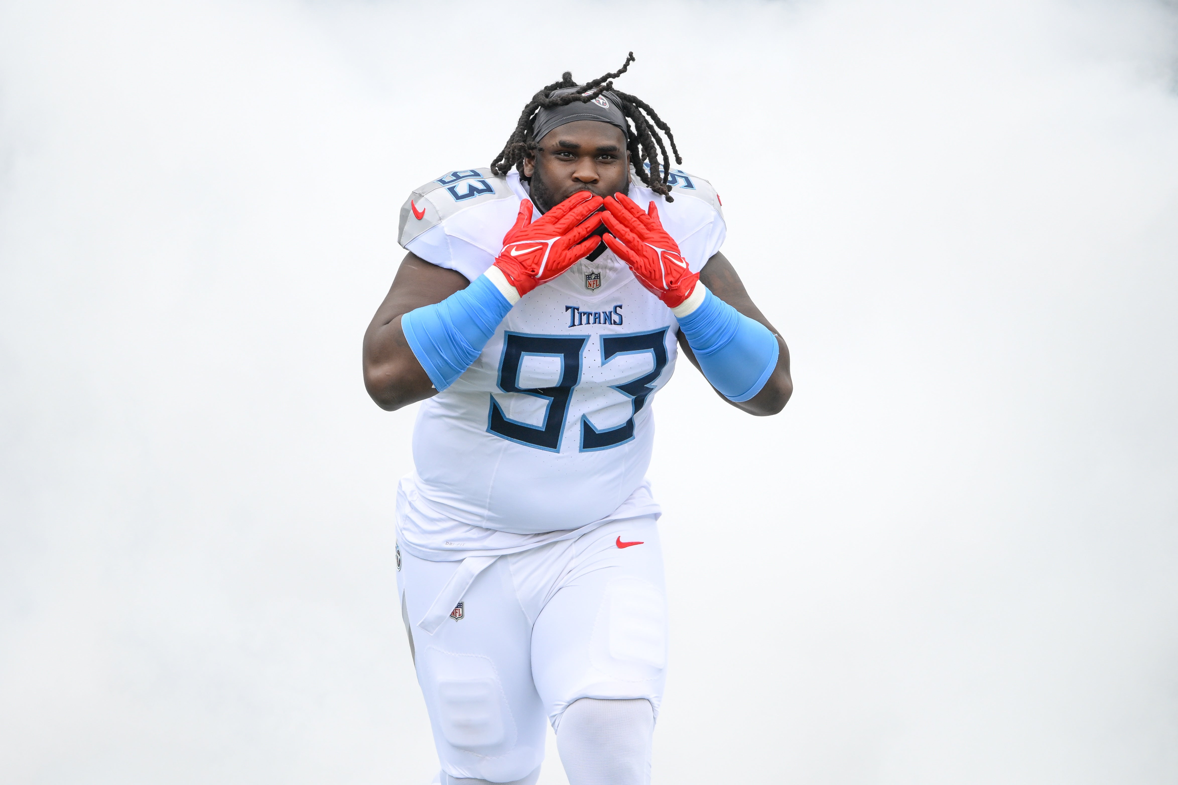 Sep 15, 2024; Nashville, Tennessee, USA; Tennessee Titans defensive tackle T'Vondre Sweat (93) takes the field against the New York Jets during the first half at Nissan Stadium. Mandatory Credit: Steve Roberts-Imagn Images