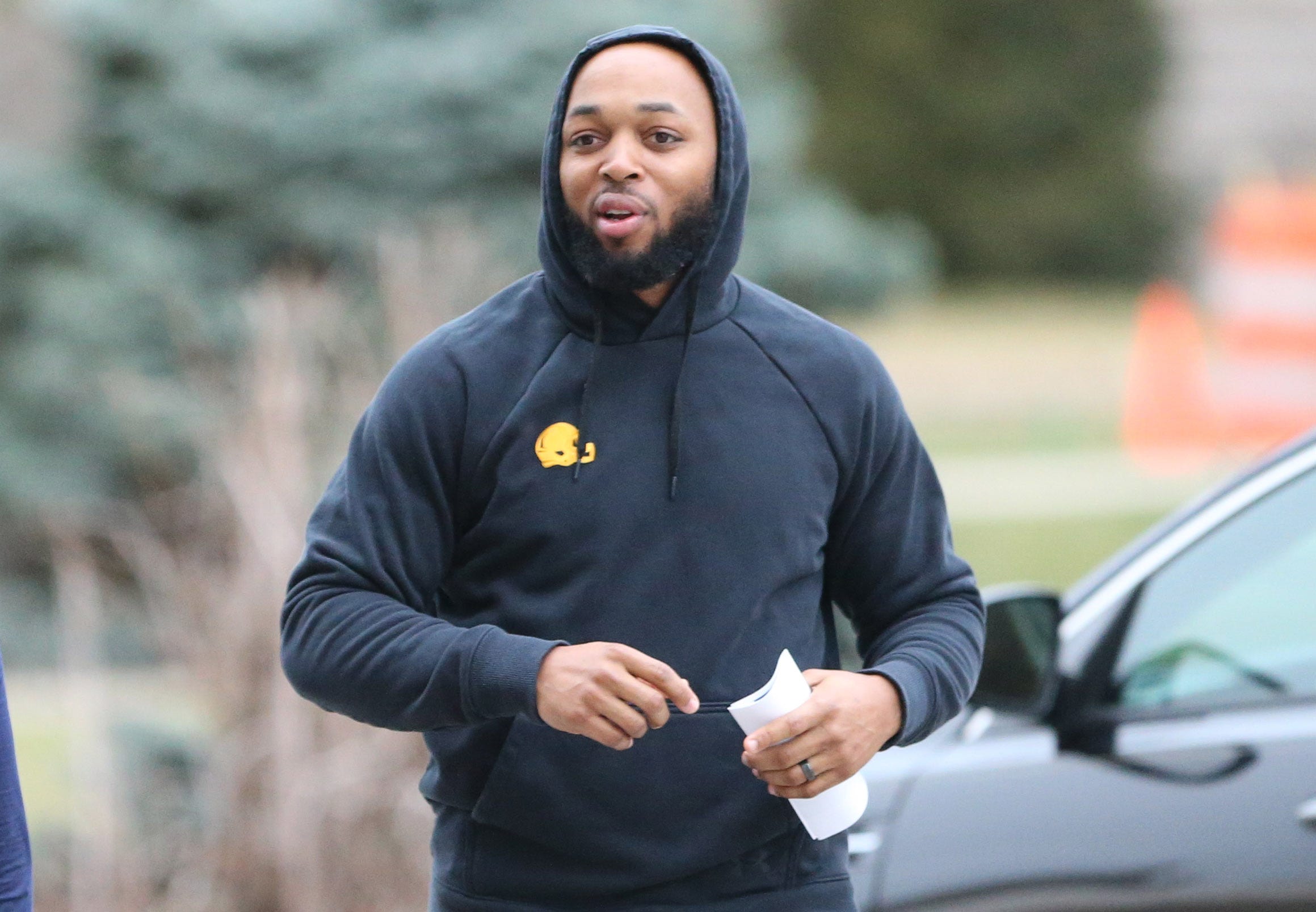 Notre Dame wide receivers coach Mike Brown at Notre Dame spring football practice