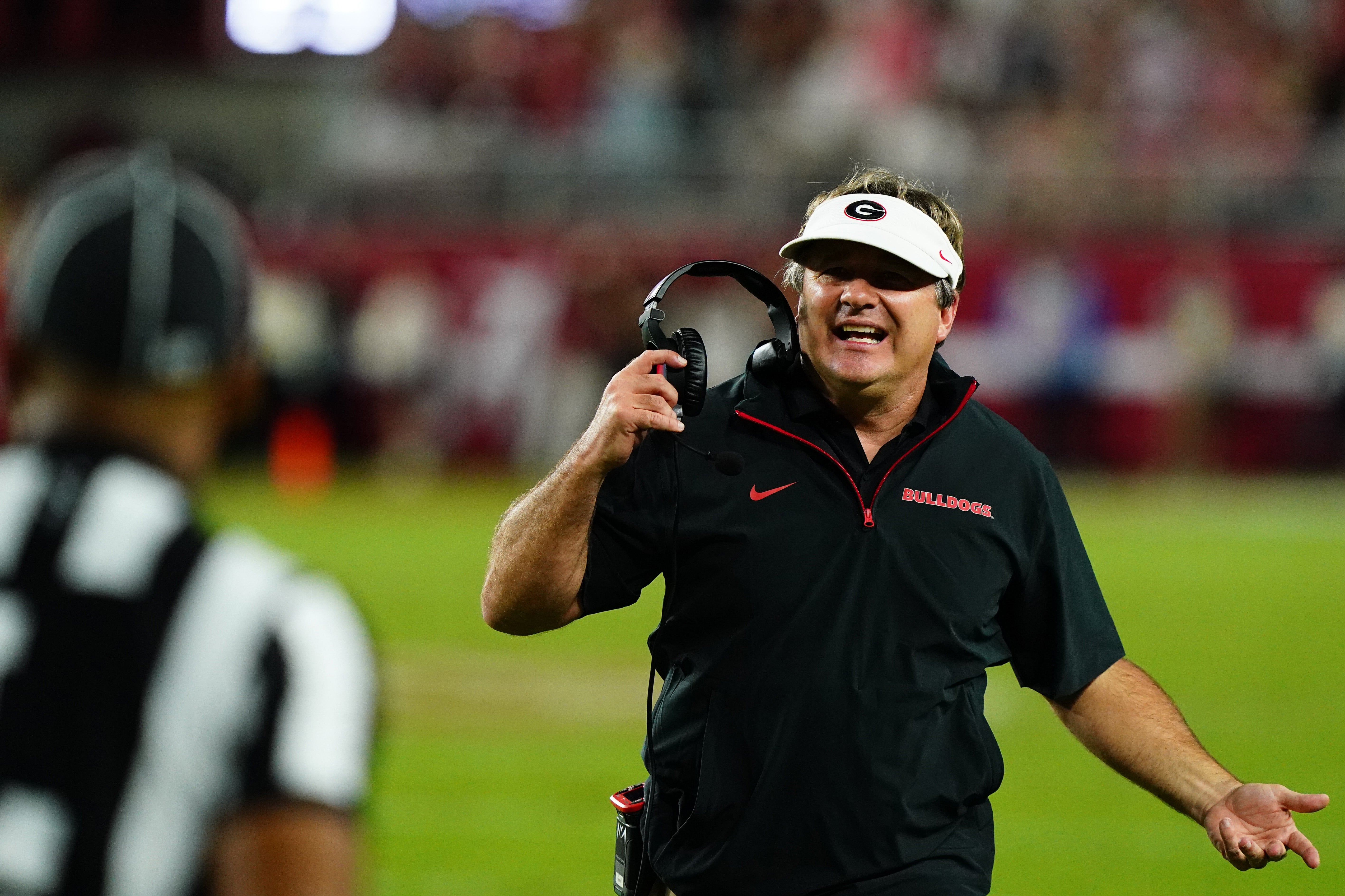 Georgia Bulldogs head coach Kirby Smart questions a call on a two point conversion against the Alabama Crimson Tide during the first half at Bryant-Denny Stadium.