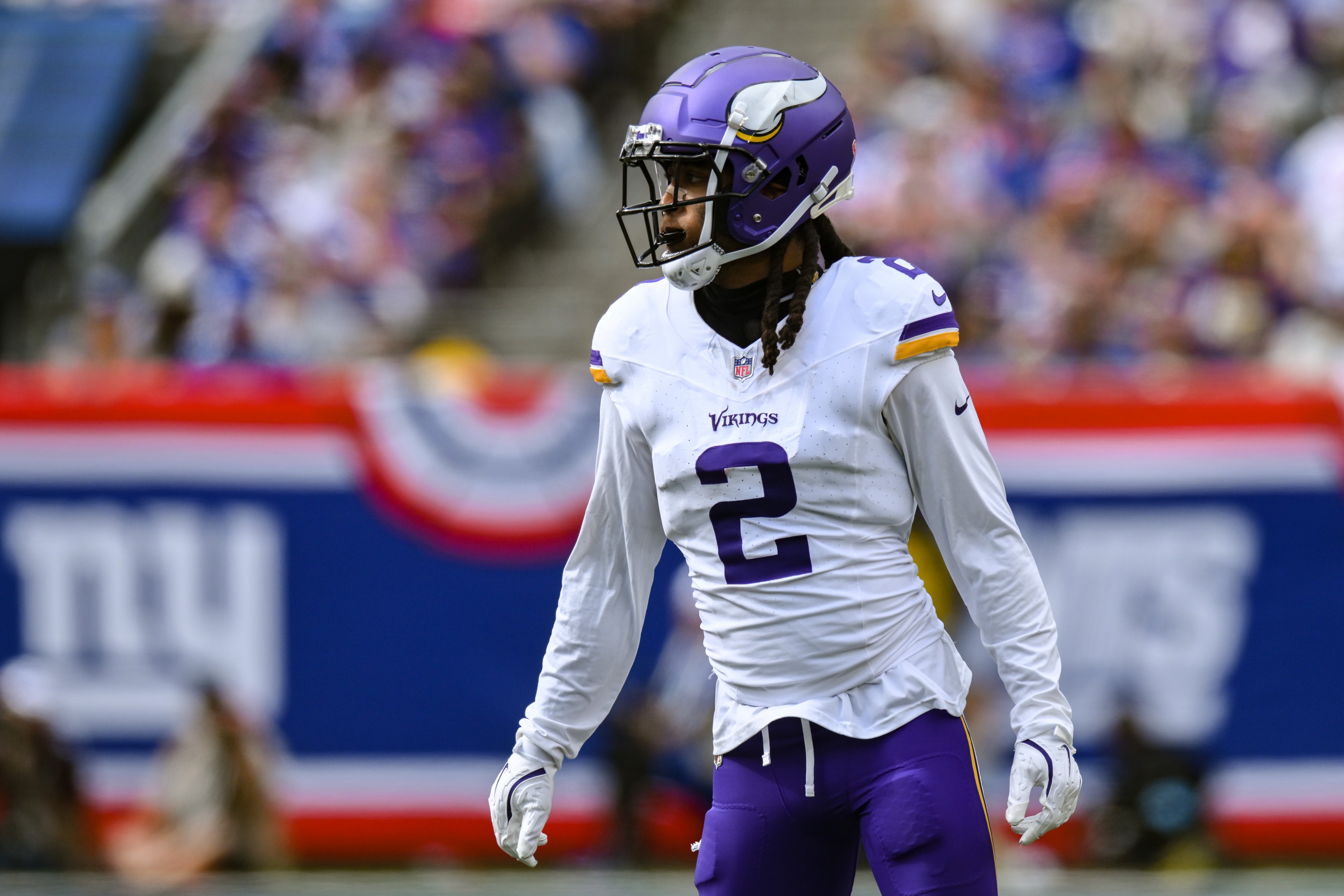 Sep 8, 2024; East Rutherford, New Jersey, USA; Minnesota Vikings wide receiver Stephon Gilmore (2) during the second half after the game at MetLife Stadium.