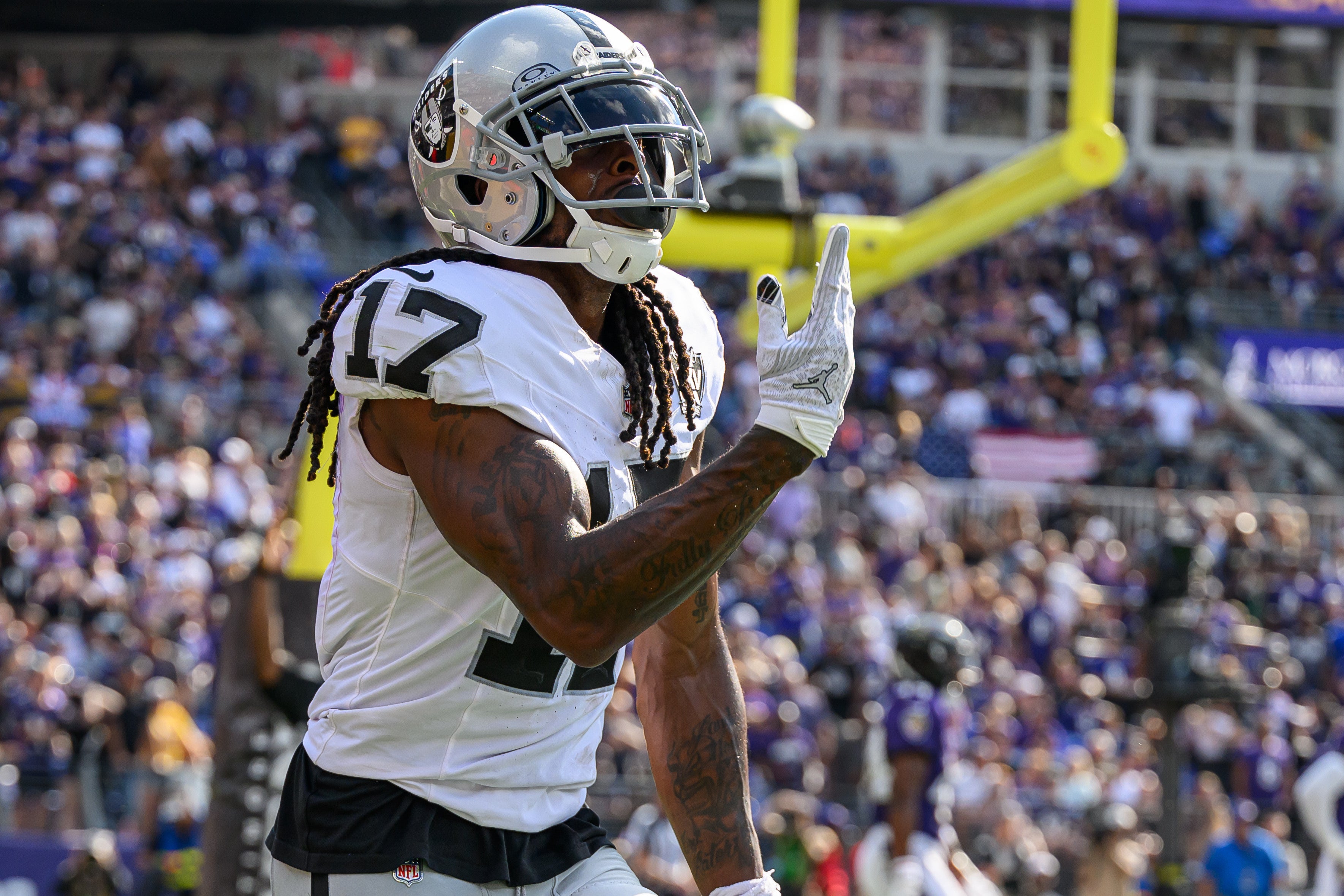 Sep 15, 2024; Baltimore, Maryland, USA; Las Vegas Raiders wide receiver Davante Adams (17) celebrates after scoring a touchdown during the second half against the Baltimore Ravens at M&T Bank Stadium.