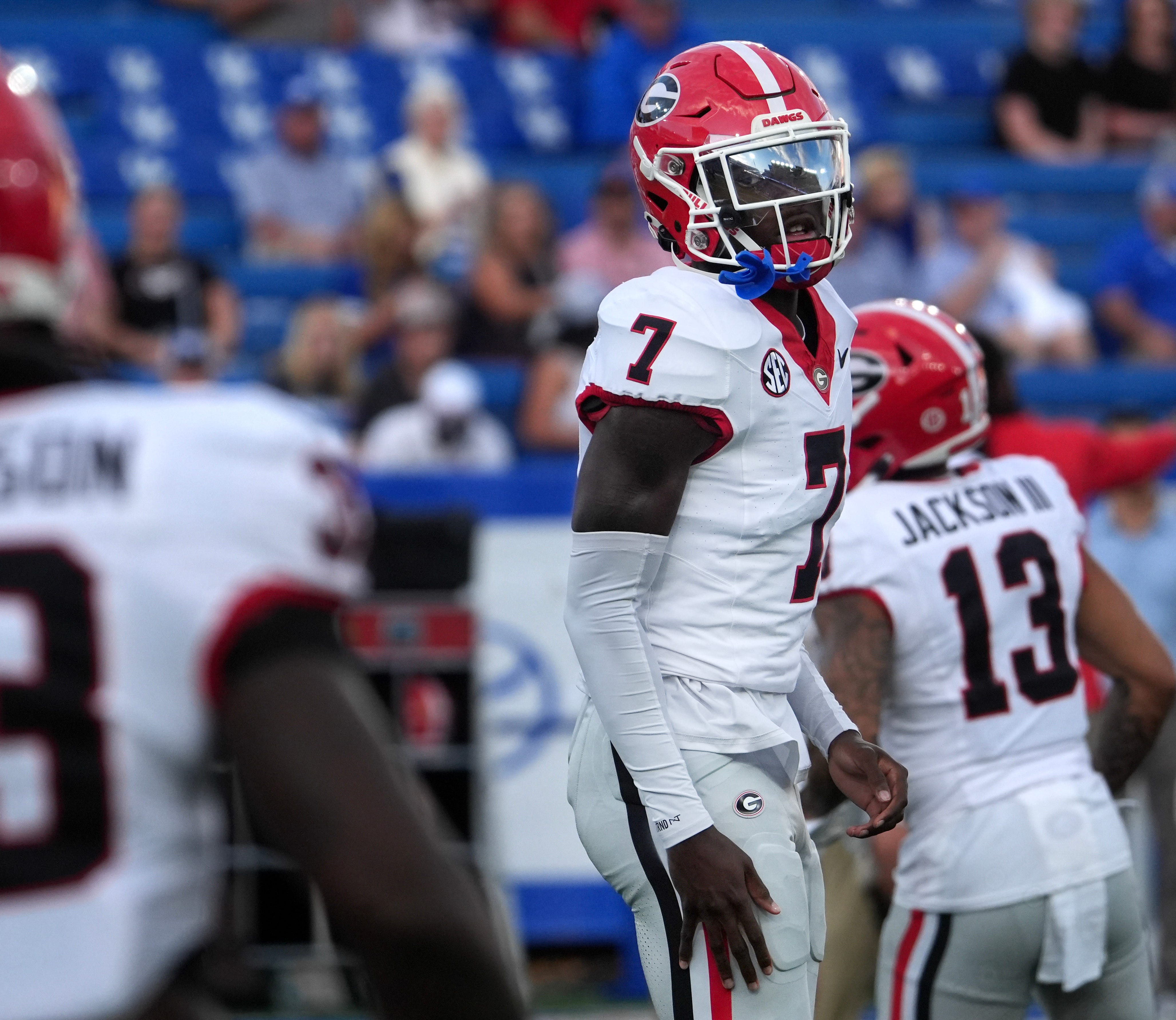 Georgias Daniel Harris during warmups before their game against Kentucky Saturday night. Sept. 14, 2024.
