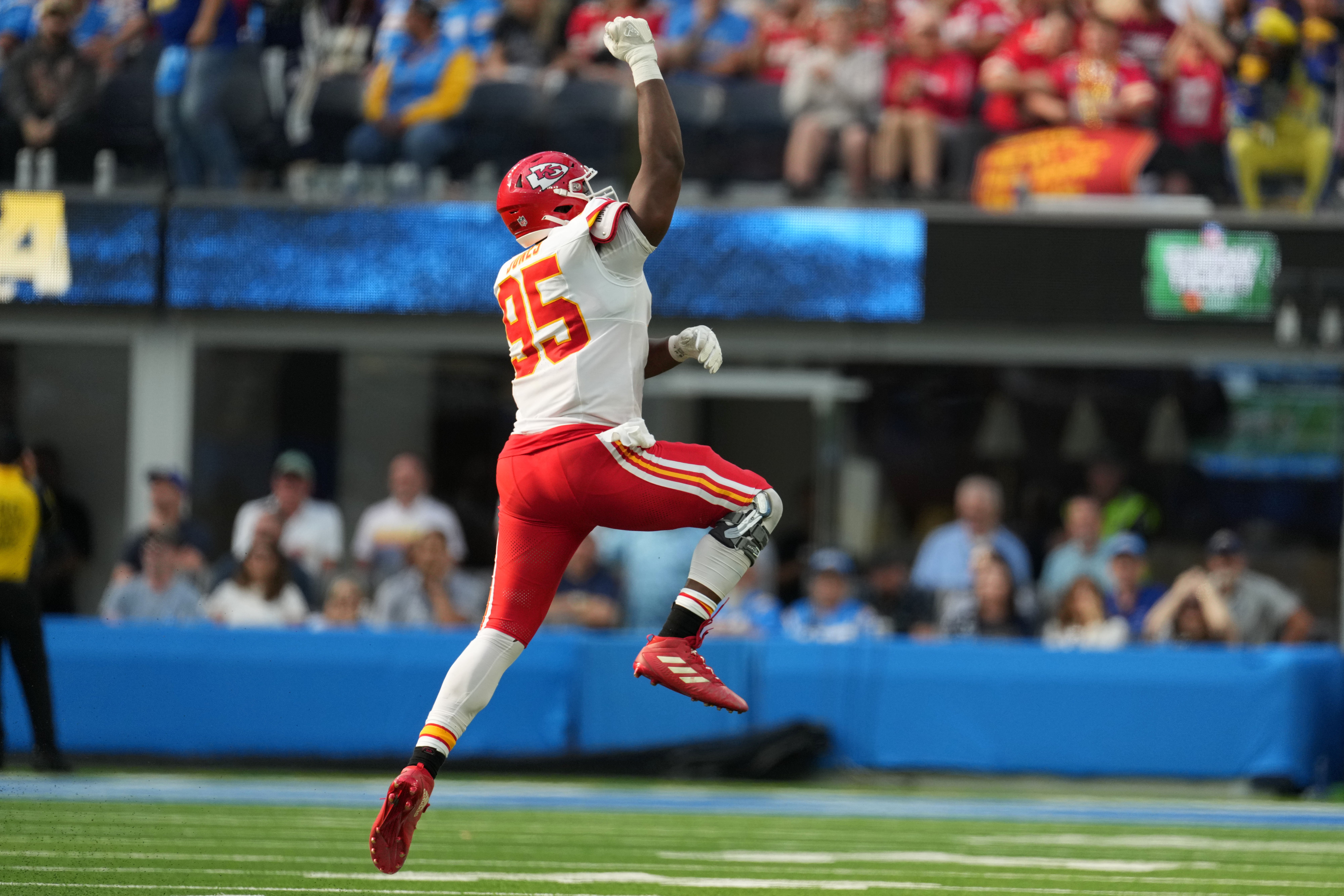 Chiefs defensive tackle Chris Jones celebrates after a sack against the Chargers.