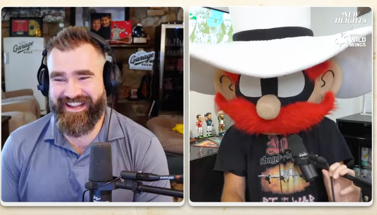 Travis Kelce wears Texas Tech Red Raiders mascot costume on the latest episode of the New Heights podcast.