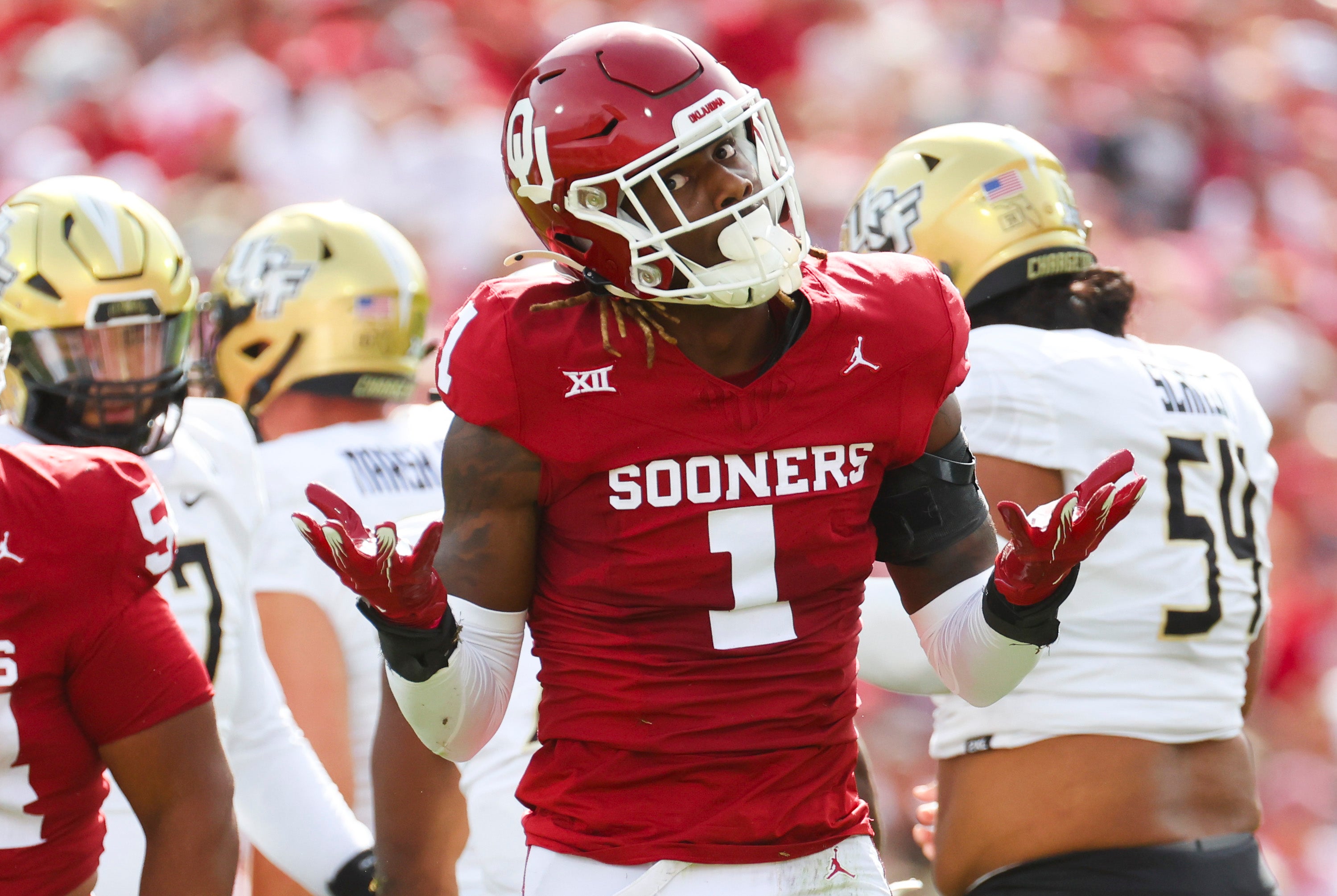 Oct 21, 2023; Norman, Oklahoma, USA; Oklahoma Sooners linebacker Dasan McCullough (1) reacts during the first quarter against the UCF Knights at Gaylord Family-Oklahoma Memorial Stadium.