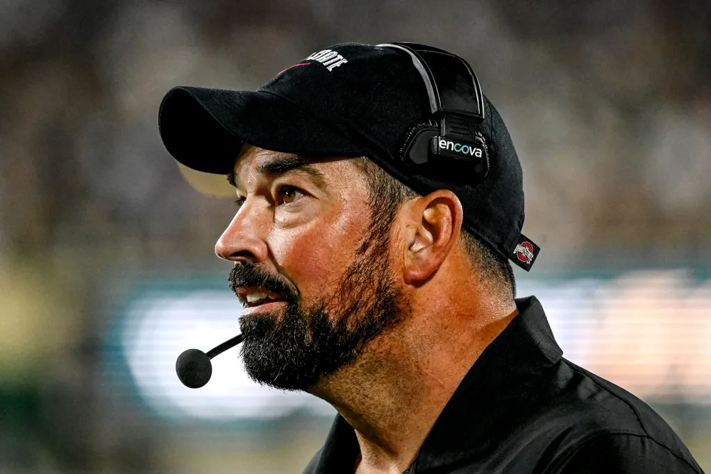 Ohio State's head coach Ryan Day looks on during the second quarter in the game against Michigan State on Saturday, Sept. 28, 2024, at Spartan Stadium in East Lansing