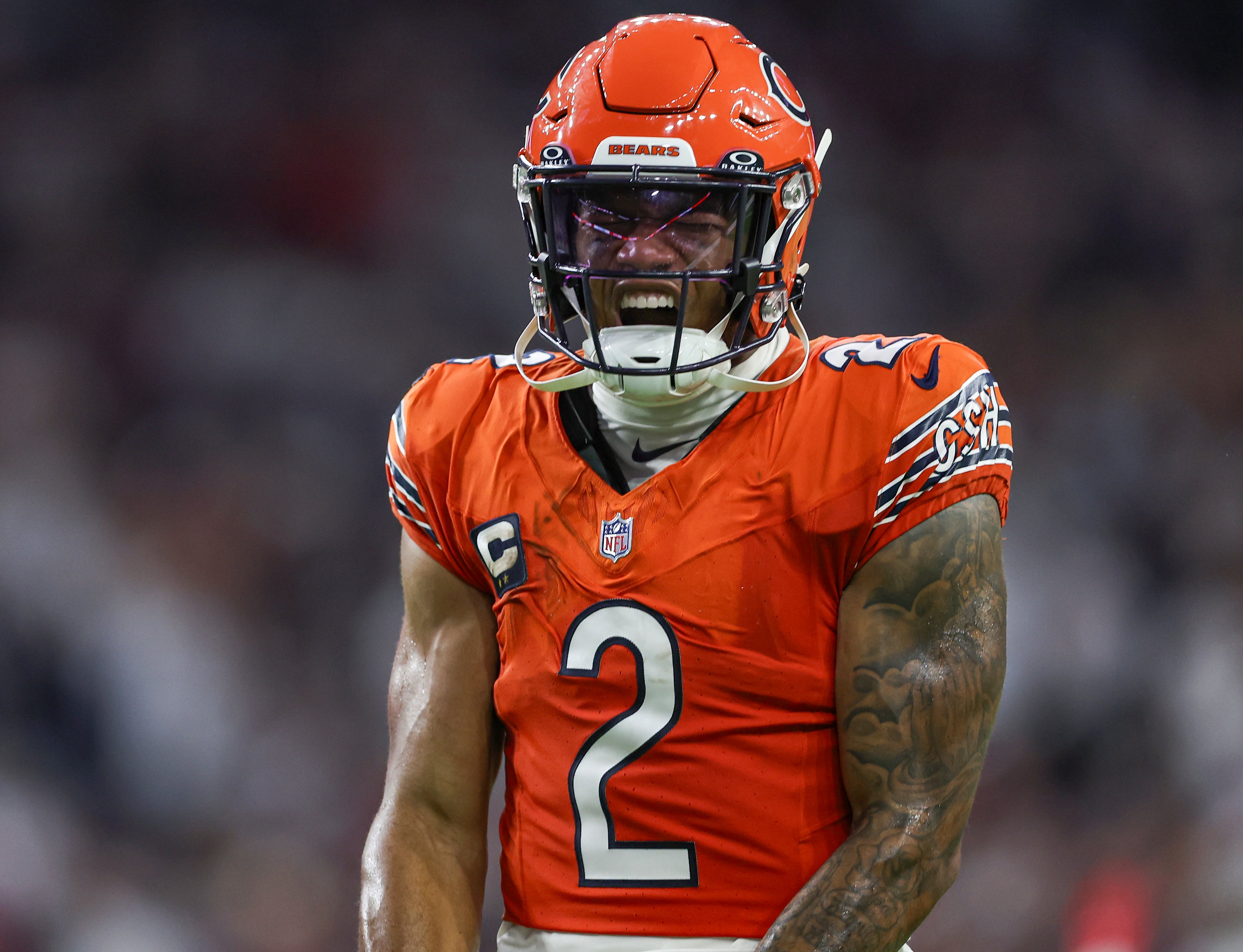 Sep 15, 2024; Houston, Texas, USA; Chicago Bears wide receiver DJ Moore (2) reacts after a play during the fourth quarter against the Houston Texans at NRG Stadium.