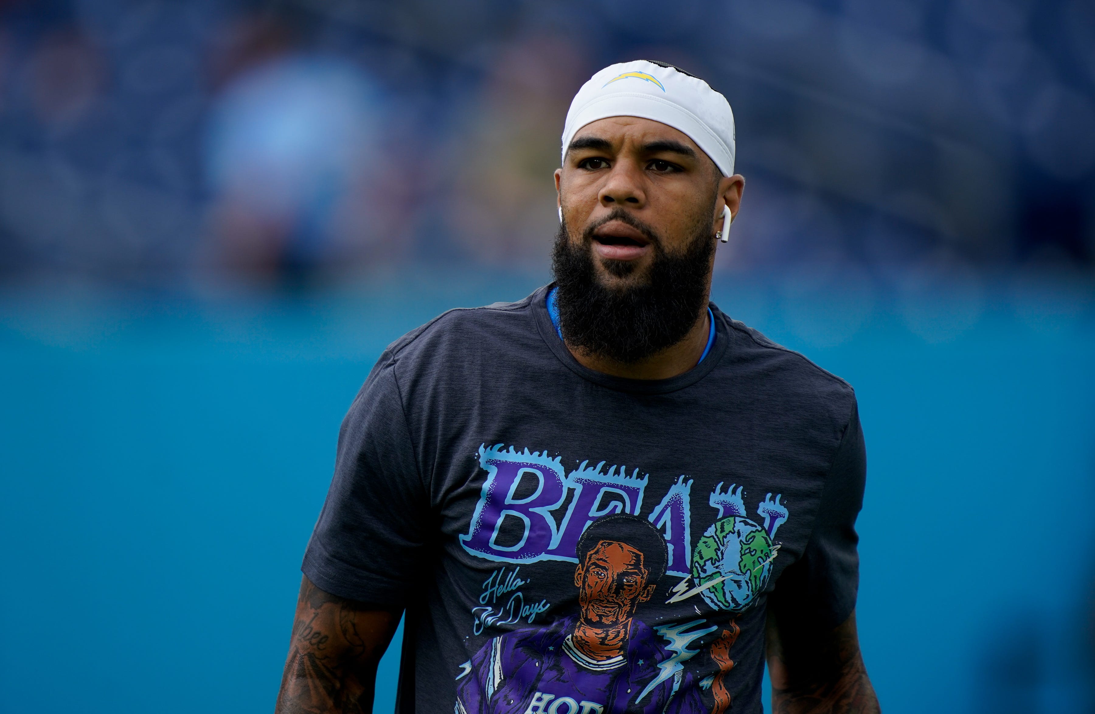 Los Angeles Chargers wide receiver Keenan Allen (13) warms up as the team gets ready to face the Tennessee Titans at Nissan Stadium in Nashville, Tenn., Sunday, Sept. 17, 2023.