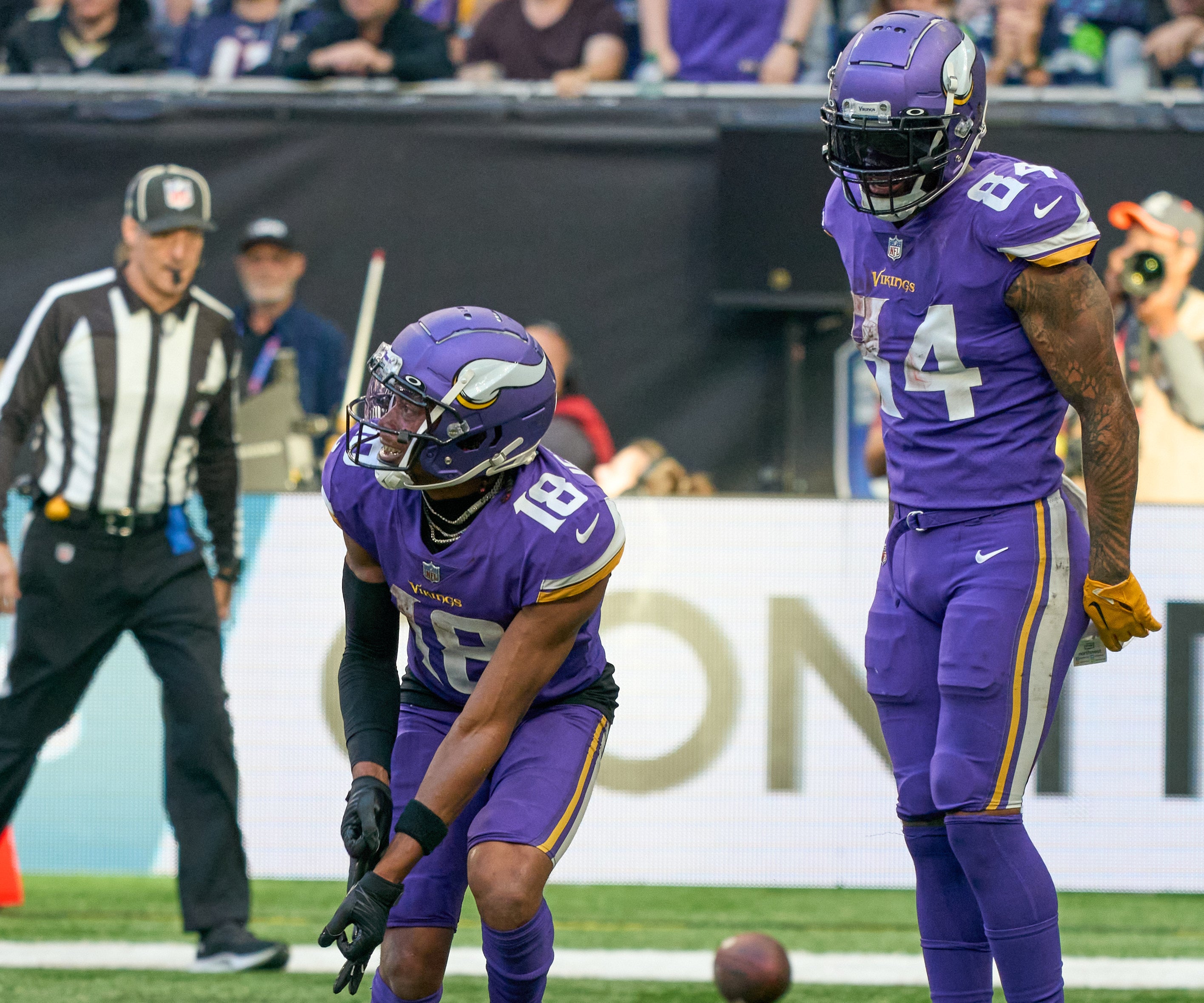Oct 2, 2022; London, United Kingdom; Minnesota Vikings wide receiver Justin Jefferson (18) celebrates after scoring a touchdown during the second half of the NFL International Series game at Tottenham Hotspur Stadium.