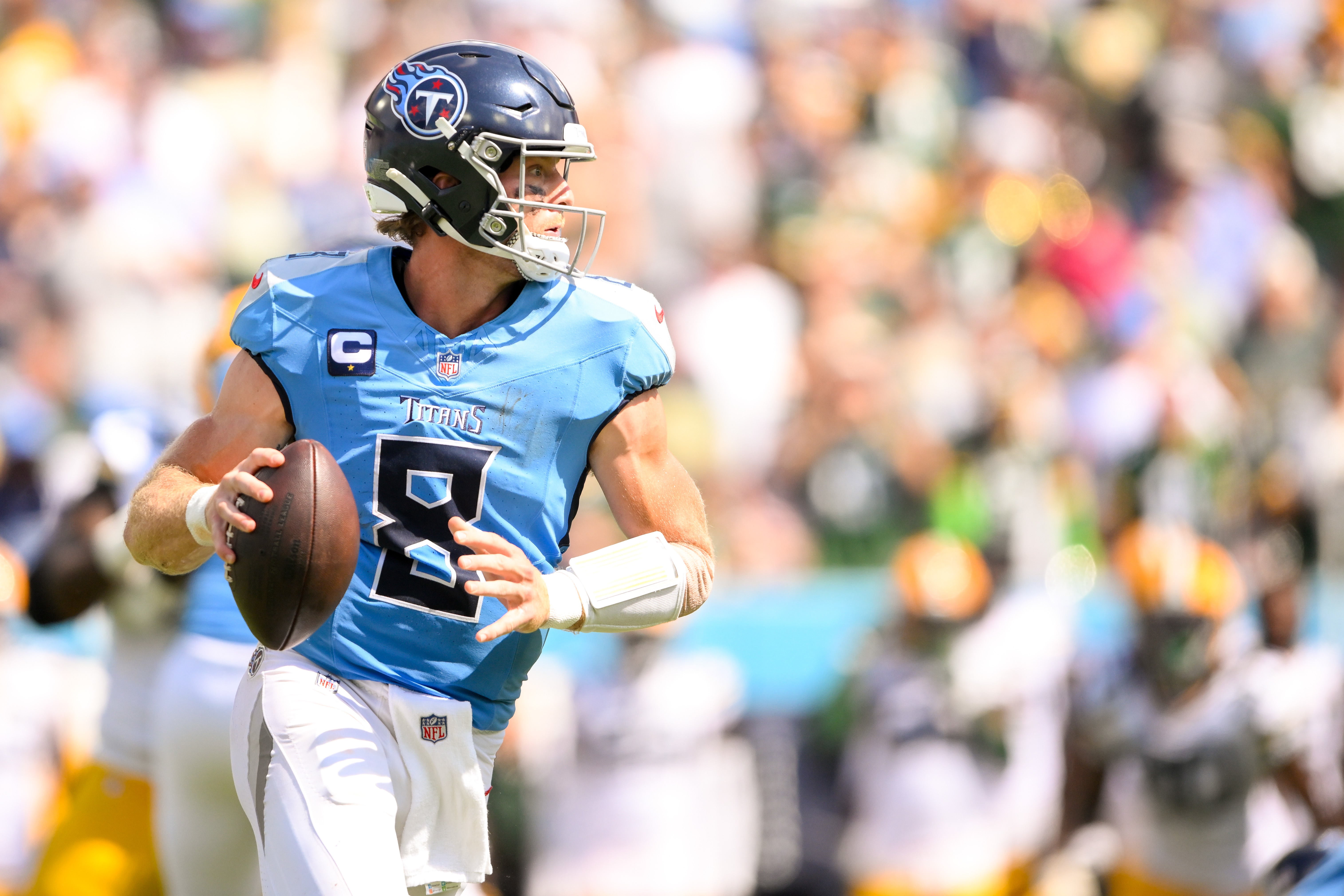 Tennessee Titans Will Levis (8) scrambles against the Green Bay Packers during the first half at Nissan Stadium. Steve Roberts-Imagn Images