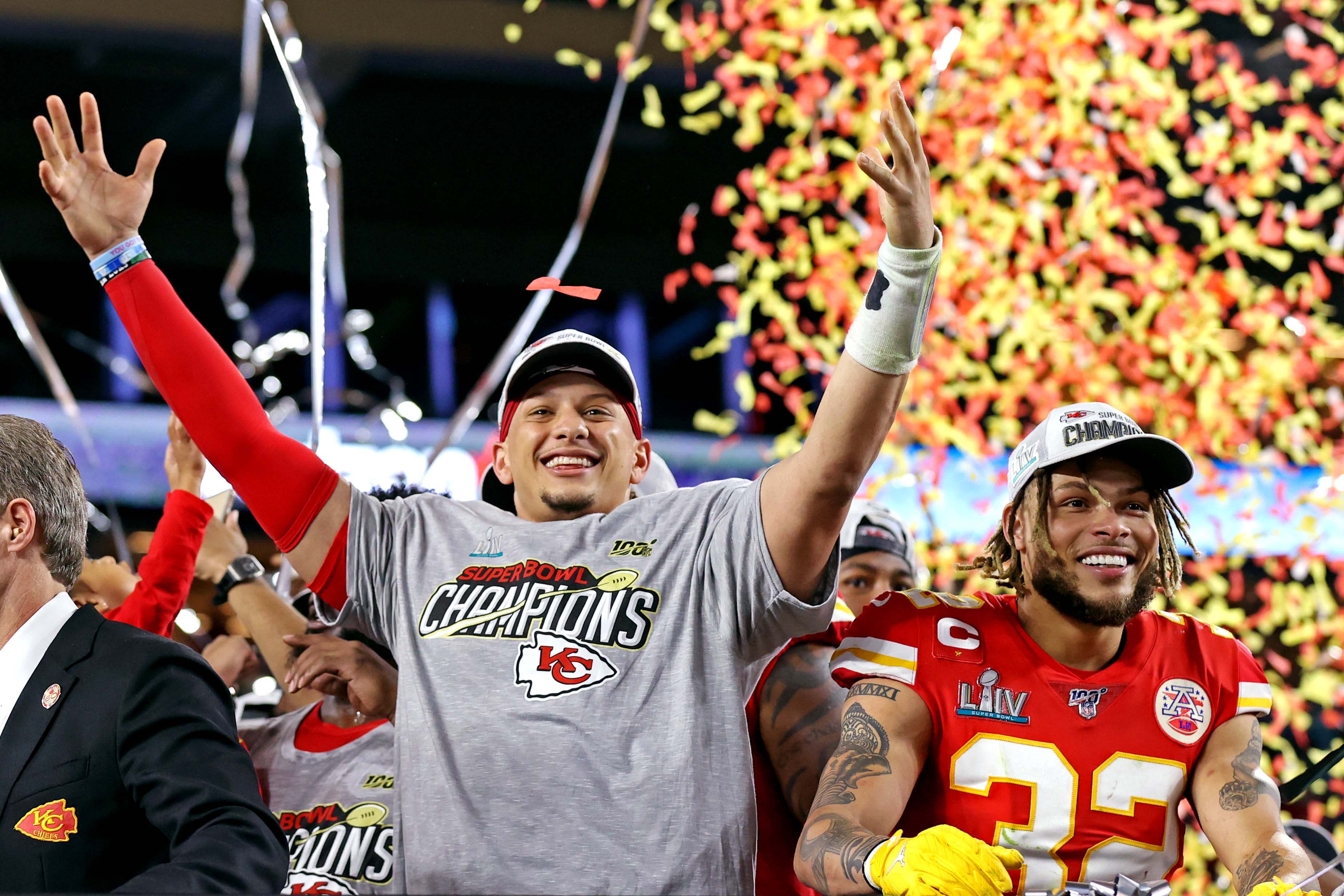 Chiefs quarterback Patrick Mahomes and safety Tyrann Mathieu celebrate after winning Super Bowl LIV.