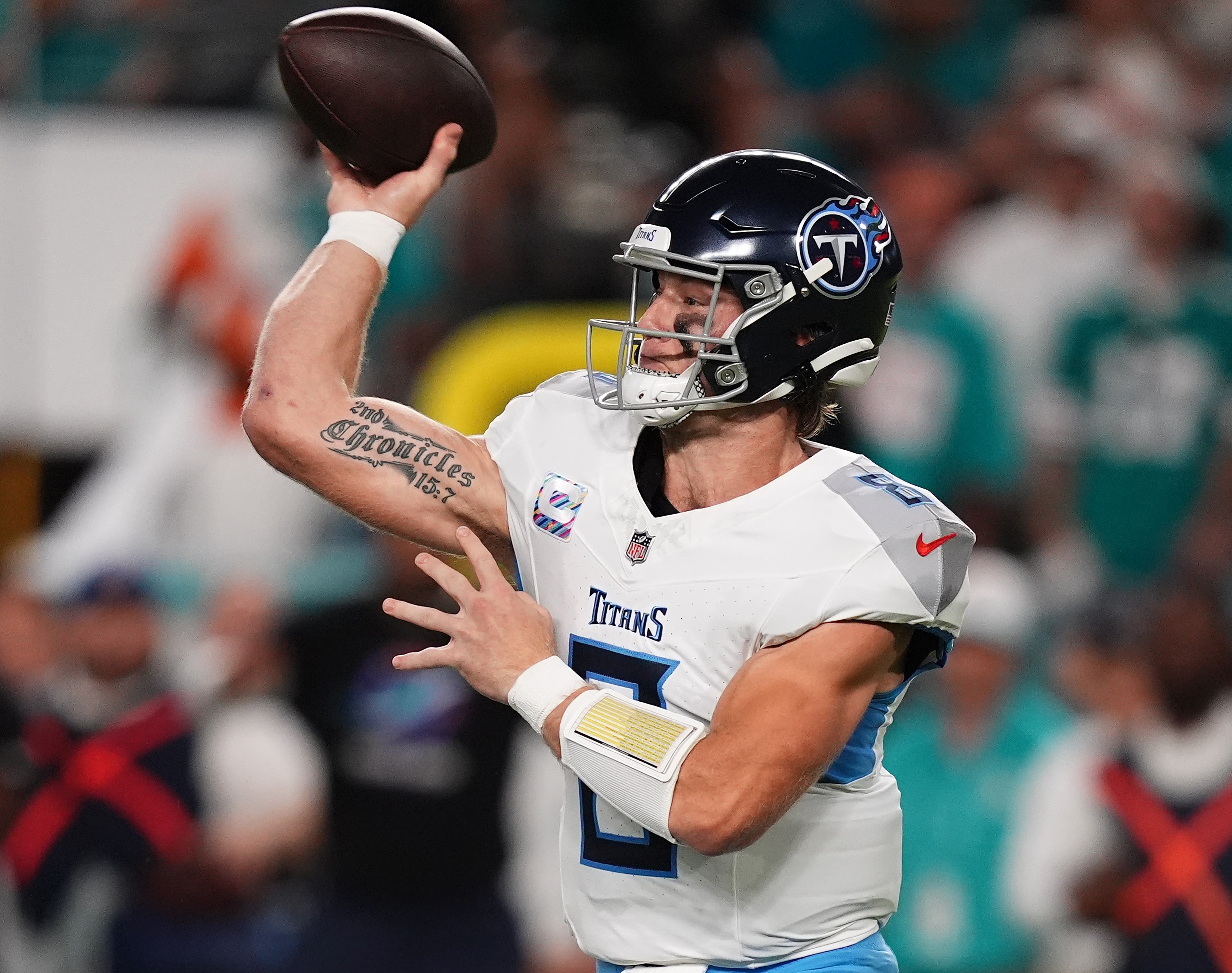 Sep 30, 2024; Miami Gardens, Florida, USA; Tennessee Titans quarterback Will Levis (8) attempts a pass under pressure from Miami Dolphins linebacker Jaelan Phillips (15) during the first half at Hard Rock Stadium. Mandatory Credit: Jasen Vinlove-Imagn Images