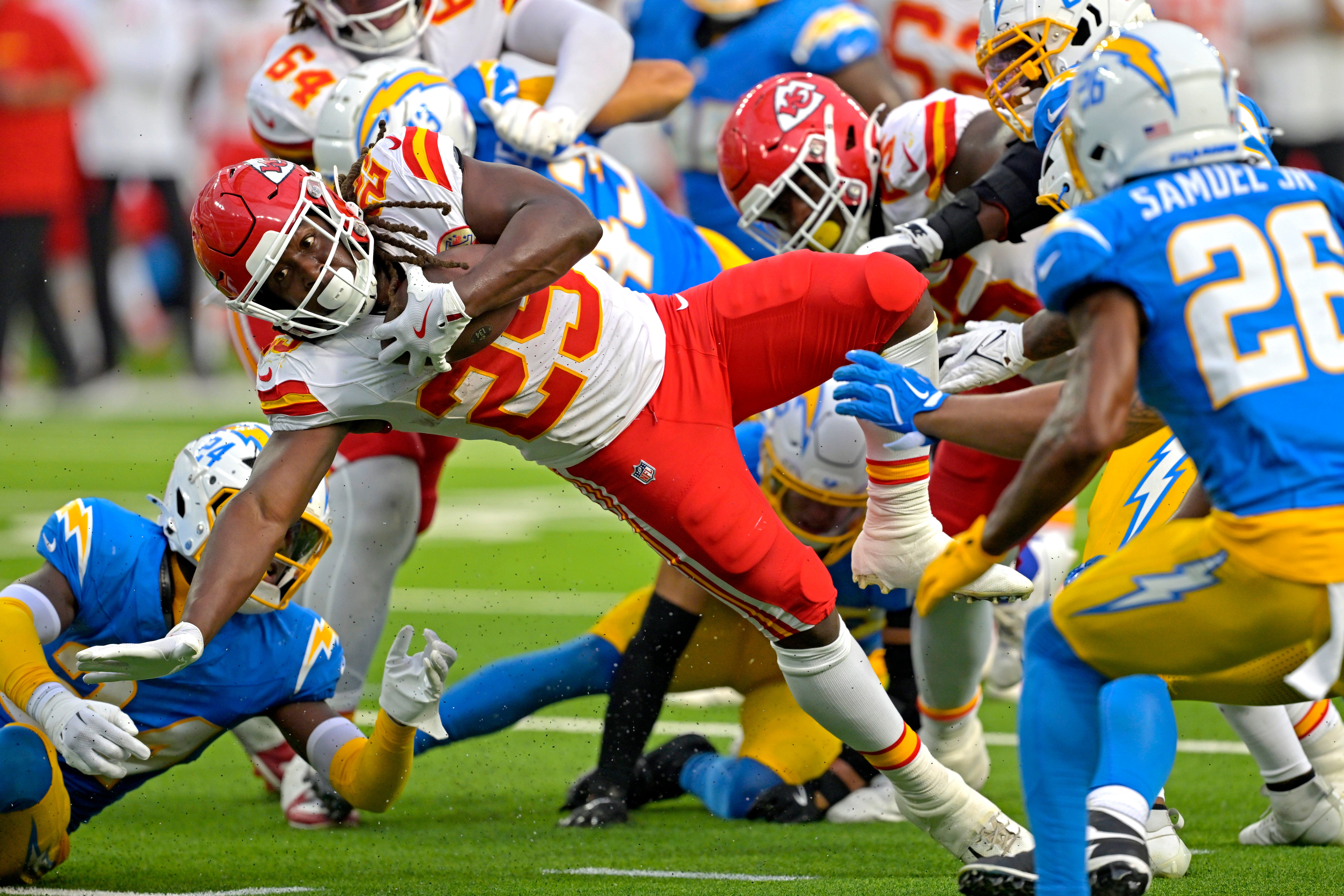 Sep 29, 2024; Inglewood, California, USA; Kansas City Chiefs running back Kareem Hunt (29) carries the ball to the 3 yard line and scored a touchdown on the next play in the second half against the Los Angeles Chargers at SoFi Stadium.
