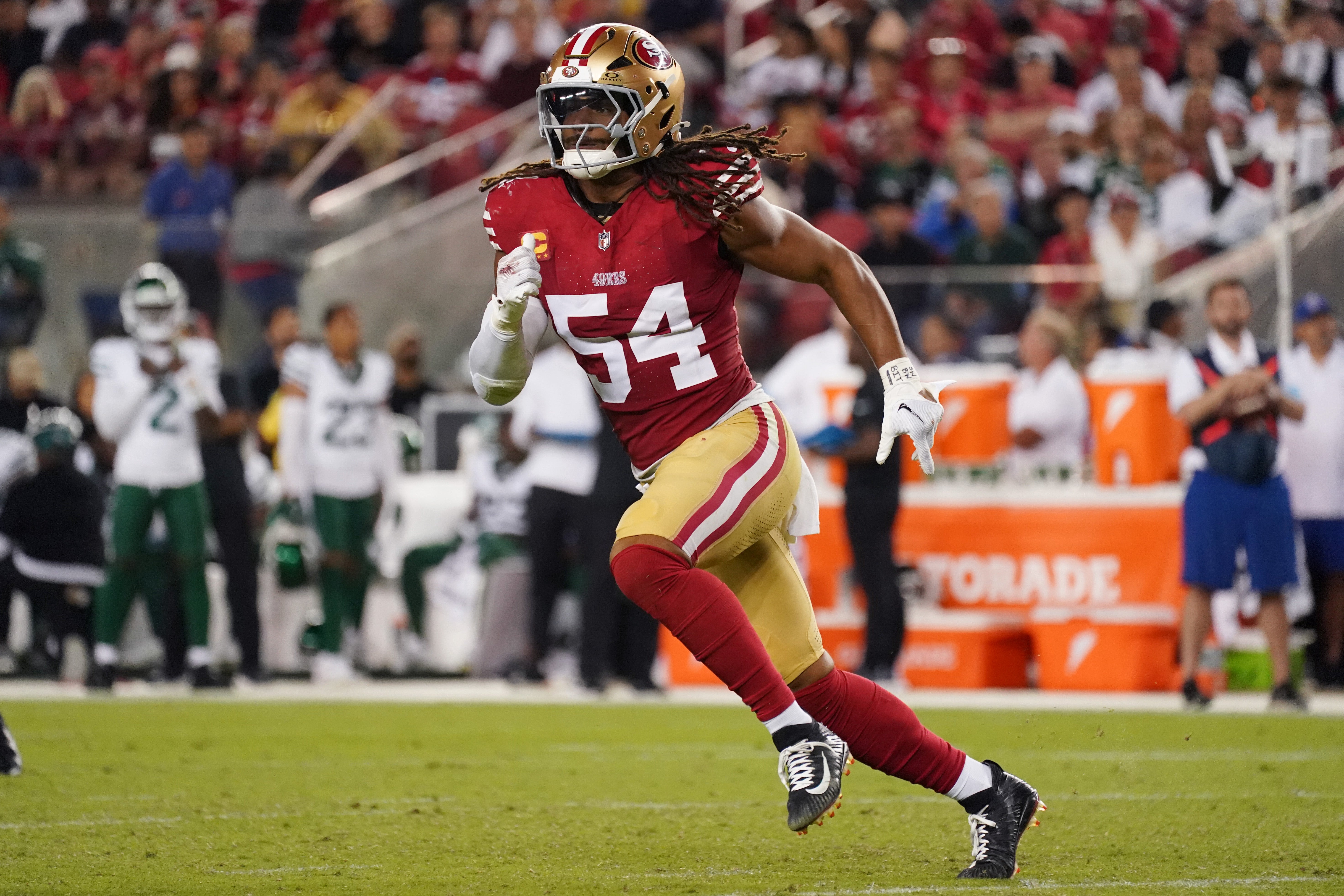 San Francisco 49ers linebacker Fred Warner (54) pursues the ball during the fourth quarter against the New York Jets at Levi's Stadium.