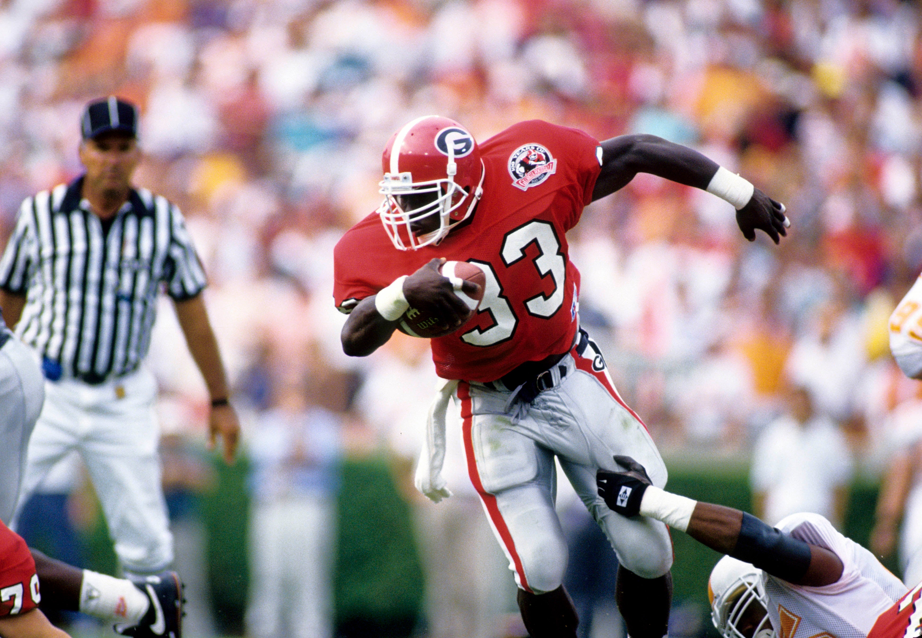 Georgia Bulldogs running back Terrell Davis (33) in action against the Tennessee Volunteers at Stanford Stadium.