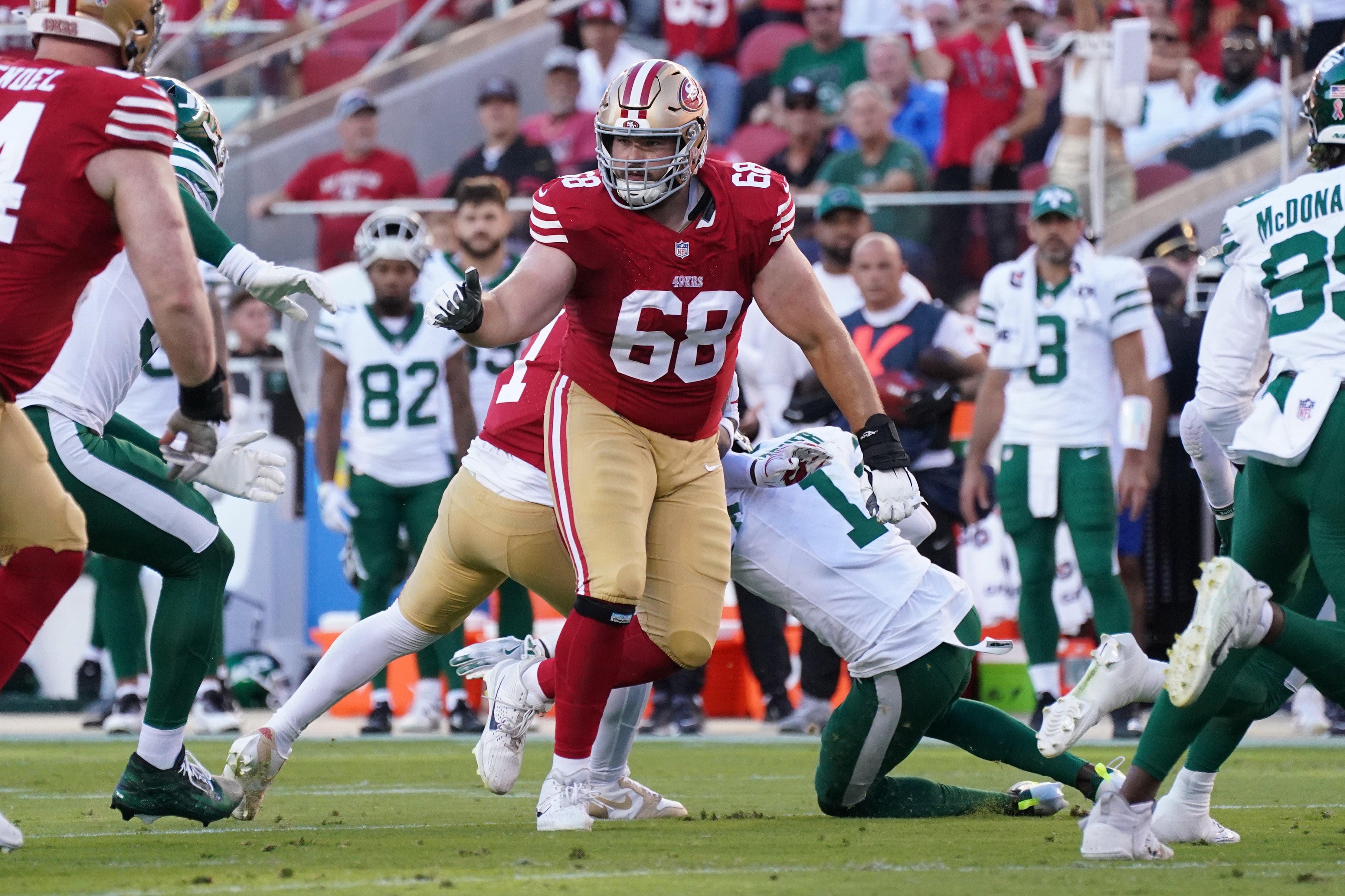 San Francisco 49ers offensive tackle Colton McKivitz (68) blocks for a teammate in the second quarter against the New York Jets at Levi's Stadium.