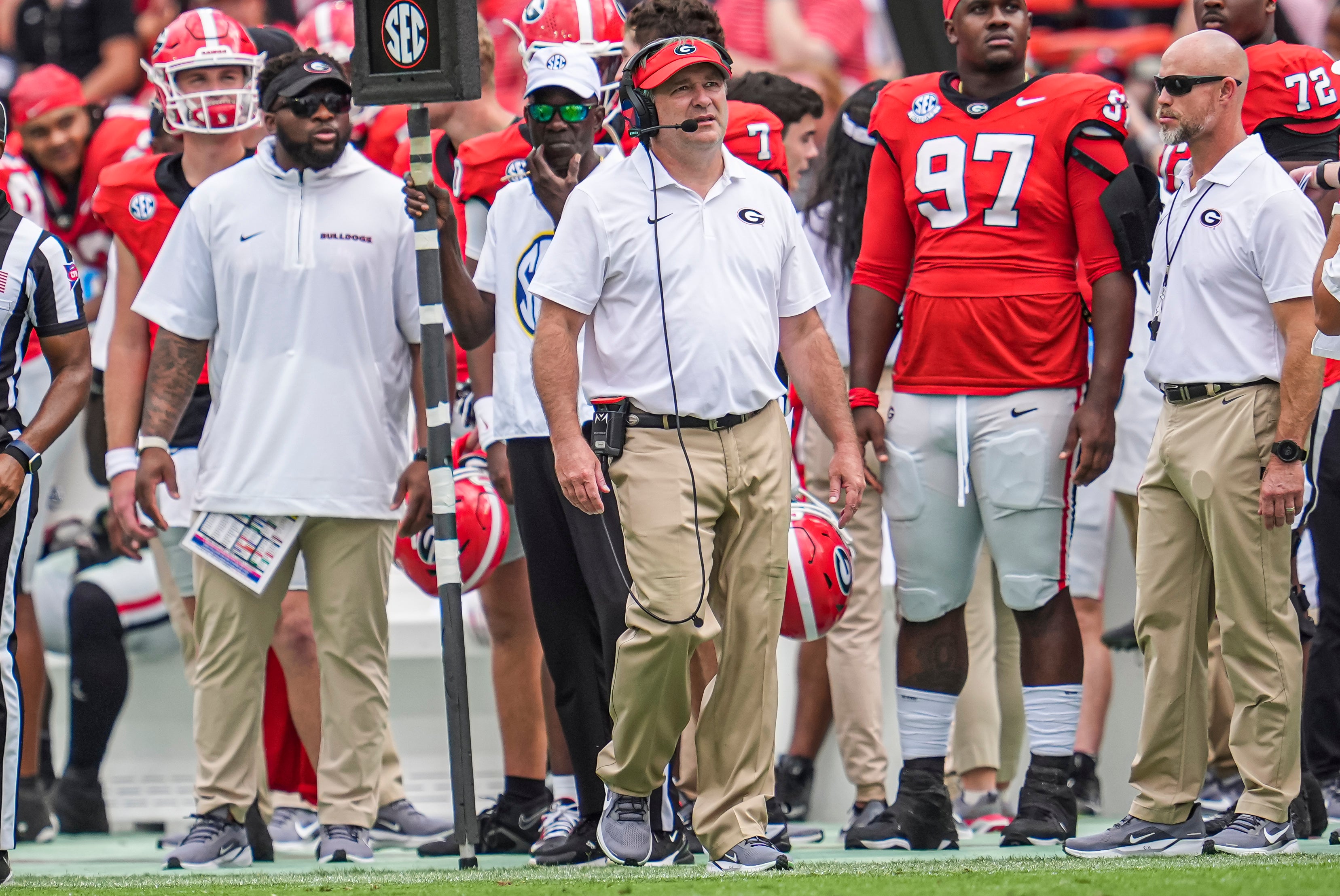Georgia Bulldogs head coach Kirby Smart reacts on the sidelines against the Tennessee Tech Golden Eagles during the second half at Sanford Stadium.