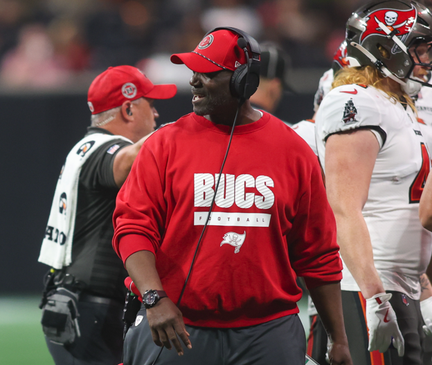 Oct 3, 2024; Atlanta, Georgia, USA; Tampa Bay Buccaneers head coach Todd Bowles on the sideline against the Atlanta Falcons in the third quarter at Mercedes-Benz Stadium.