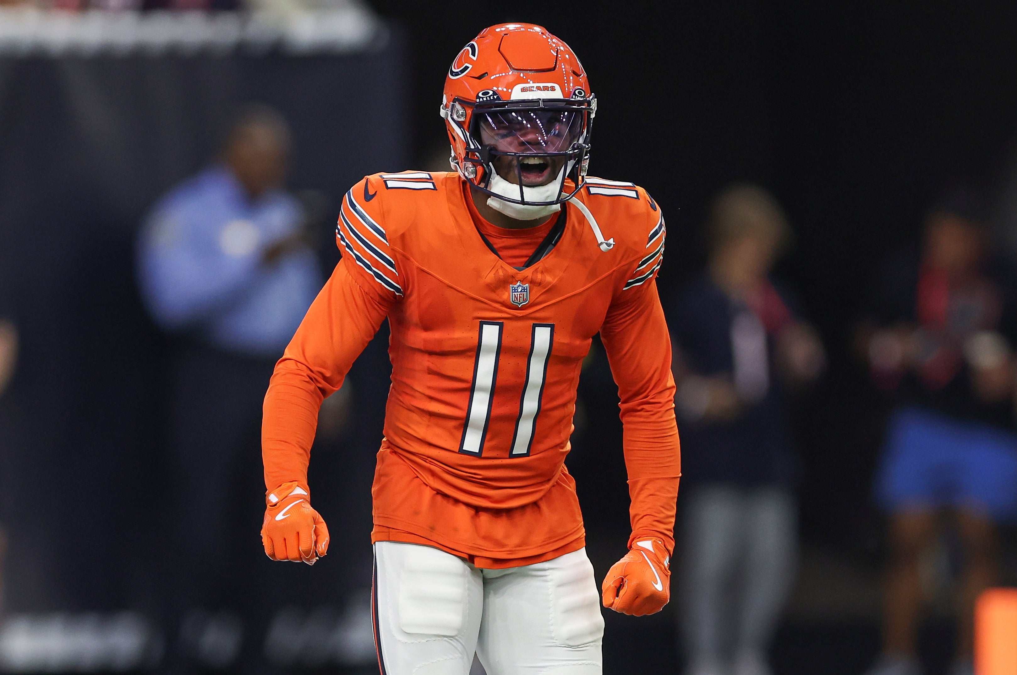 Sep 15, 2024; Houston, Texas, USA; Chicago Bears wide receiver DeAndre Carter (11) before the start of the game against the Houston Texans at NRG Stadium.