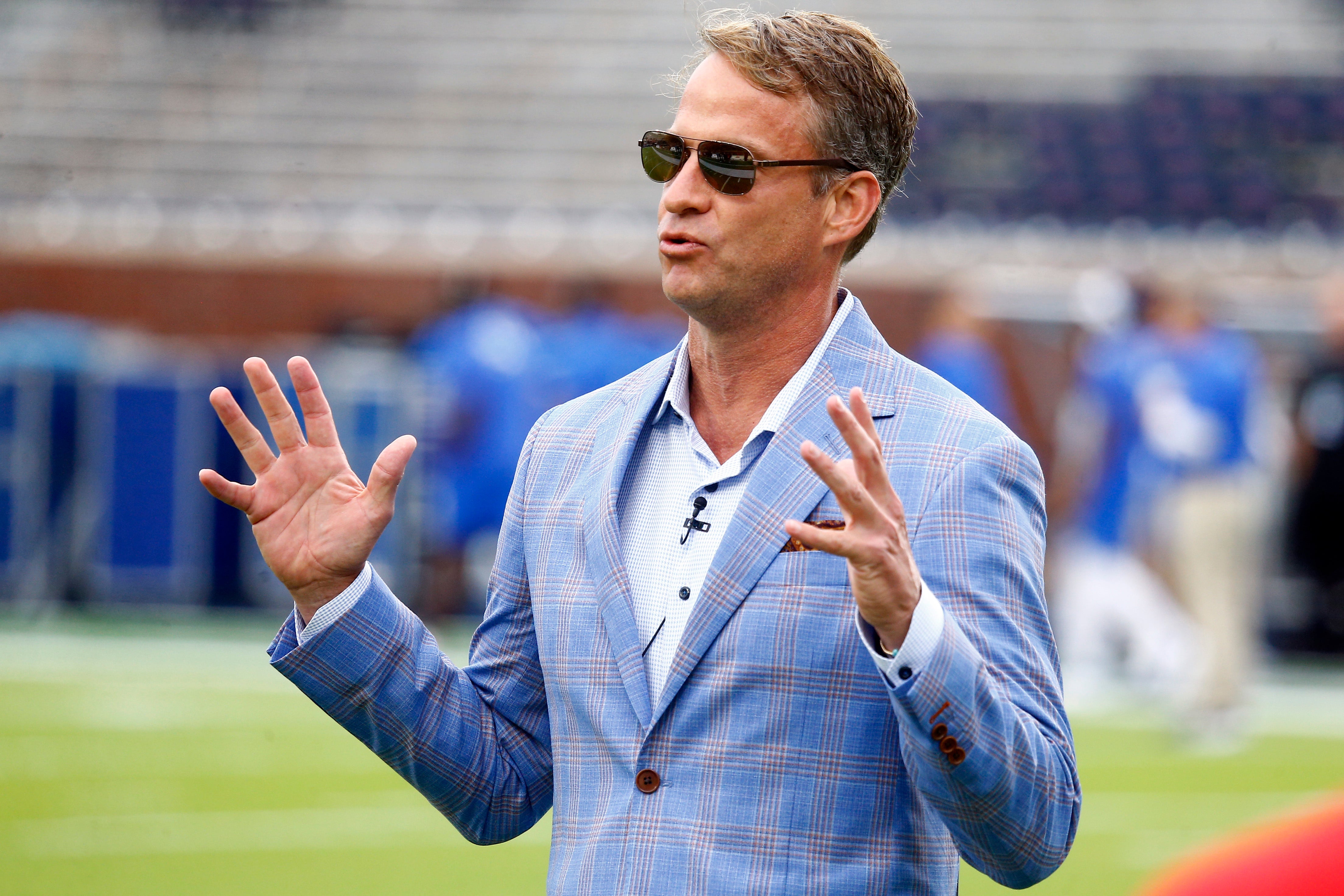 Sep 28, 2024; Oxford, Mississippi, USA; Mississippi Rebels head coach Lane Kiffin interviews prior to the game against the Kentucky Wildcats at Vaught-Hemingway Stadium.