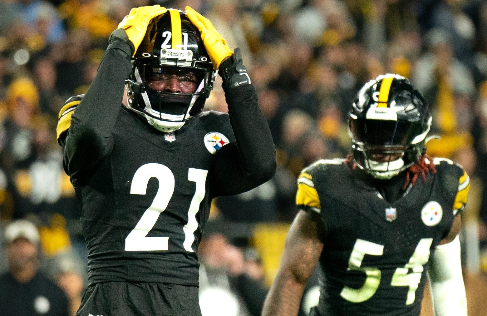 Pittsburgh Steelers cornerback Darius Rush (21) reacts to nearly making an interception against the Tennessee Titans during the fourth quarter of their their game at Acrisure Stadium in Pittsburgh, Penn., Thursday, Nov. 2, 2023.
