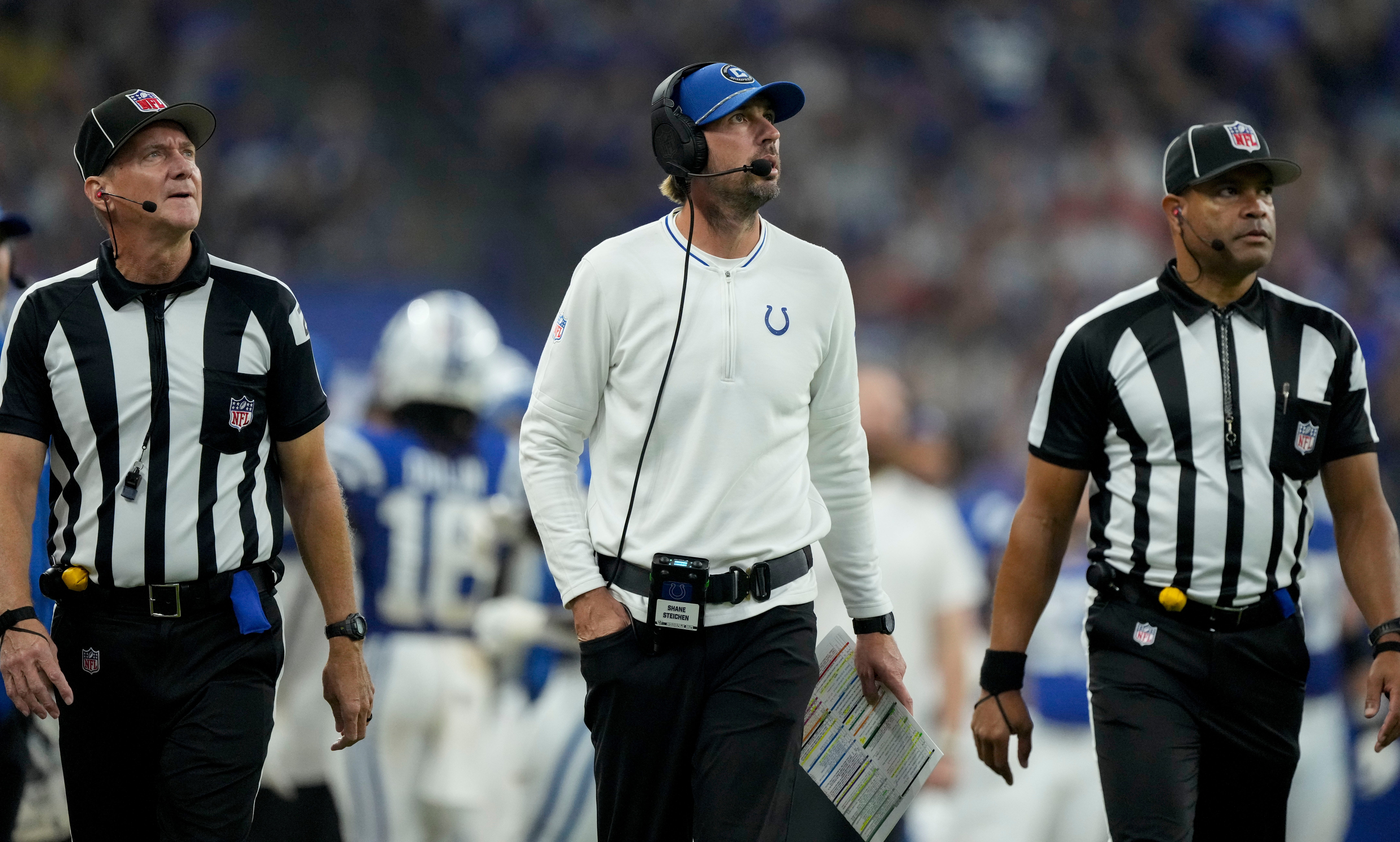 Indianapolis Colts head coach Shane Steichen looks up at the video board Sunday, Sept. 22, 2024, during a game against the Chicago Bears at Lucas Oil Stadium in Indianapolis.
