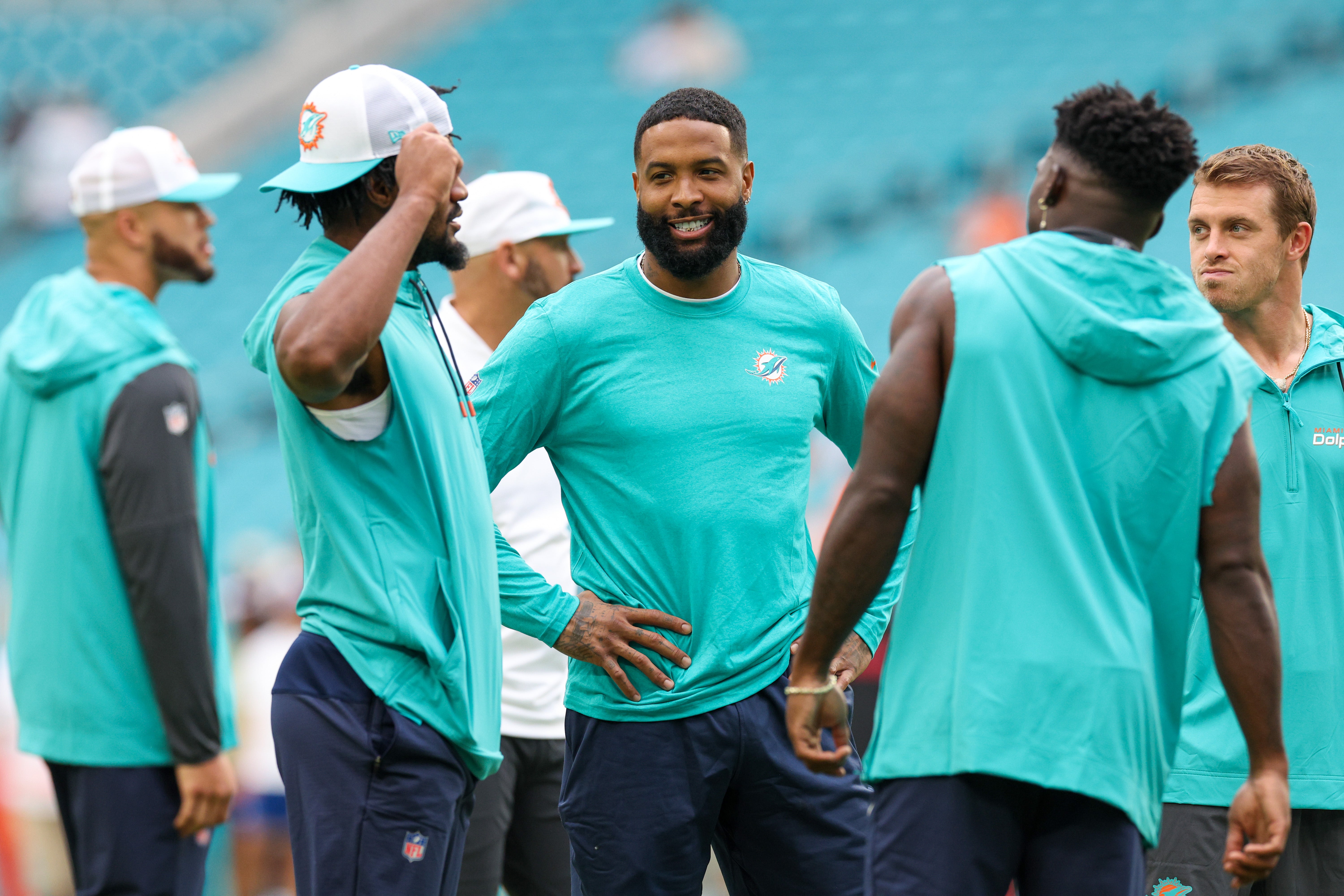 Aug 9, 2024; Miami Gardens, Florida, USA; Miami Dolphins wide receiver Odell Beckham Jr. (3) looks on during warm ups before a preseason game against the Atlanta Falcons at Hard Rock Stadium.