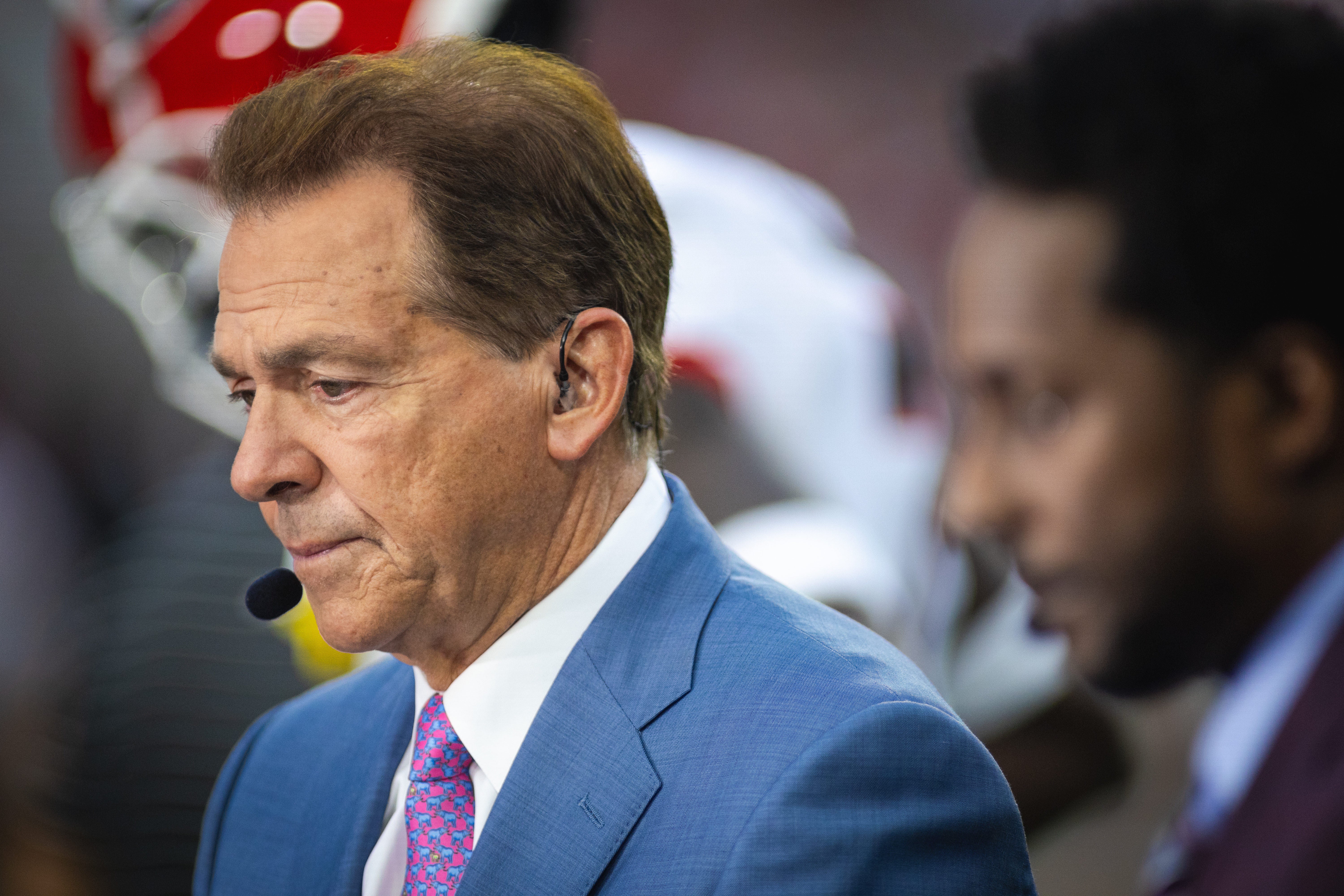 Sep 28, 2024; Tuscaloosa, Alabama, USA; Former Alabama Crimson Tide head coach Nick Saban on the set of ESPN’s College Game Day before a game between the Crimson Tide and Georgia Bulldogs at Bryant-Denny Stadium.