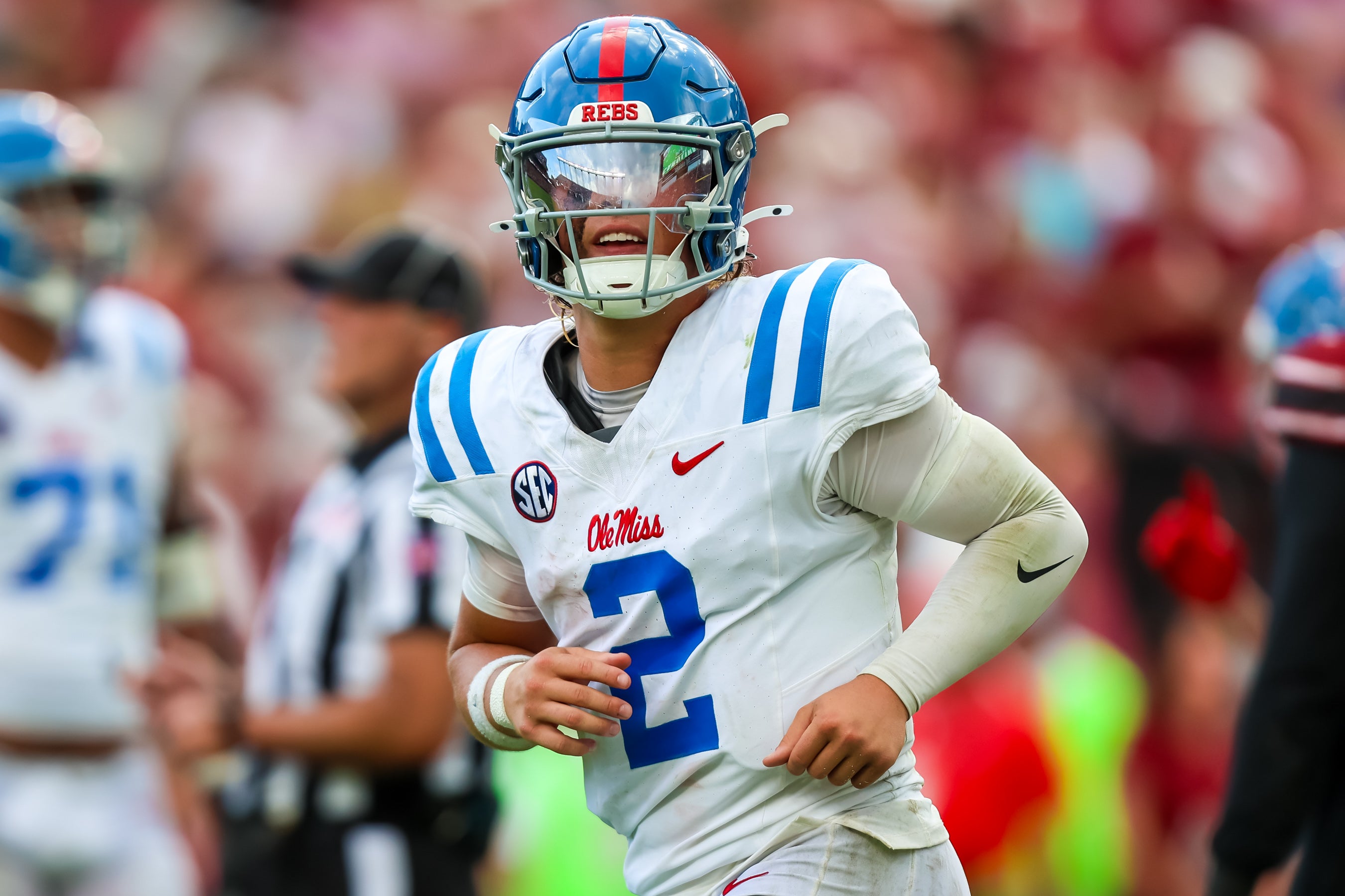 Oct 5, 2024; Columbia, South Carolina, USA; Mississippi Rebels quarterback Jaxson Dart (2) celebrates a touchdown against the South Carolina Gamecocks in the second quarter at Williams-Brice Stadium.