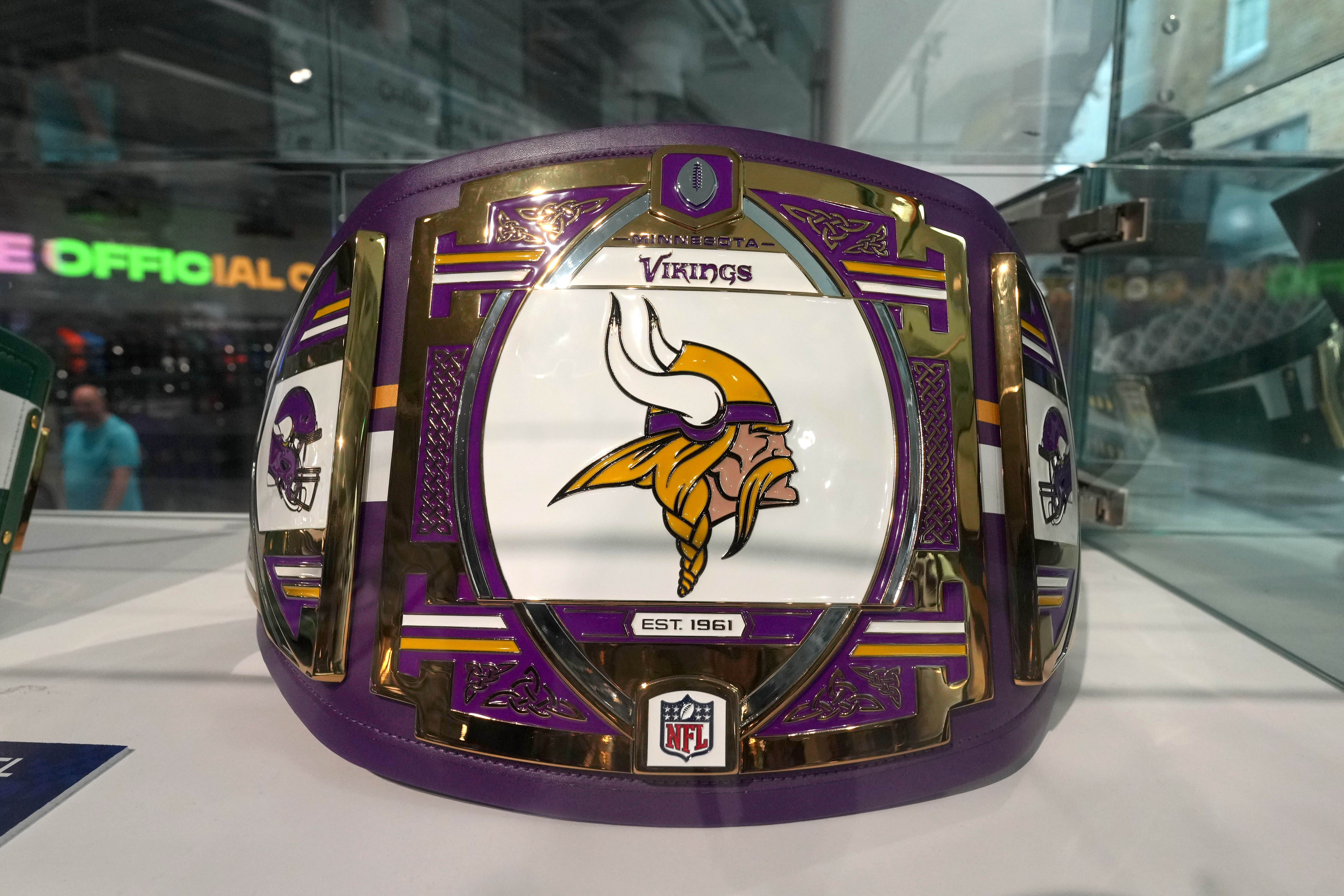 Oct 5, 2024; London, United Kingdom; A Minnesota Vikings WWE x NFL title belt at the NFL Shop at Tottenham Hotspur Stadium.