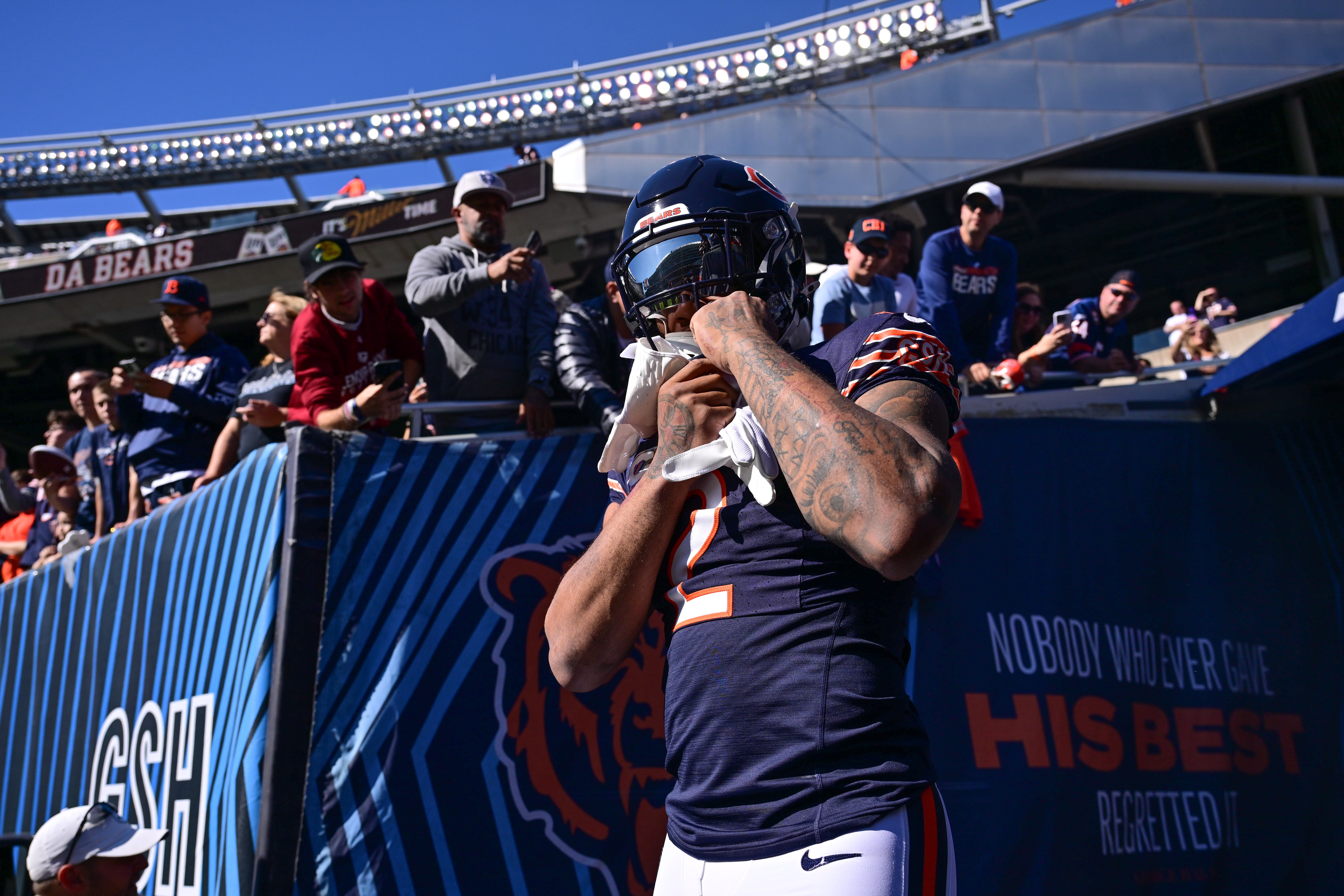 Oct 6, 2024; Chicago, Illinois, USA; Chicago Bears wide receiver DJ Moore (2) enters the field before the game against the Carolina Panthers at Soldier Field.
