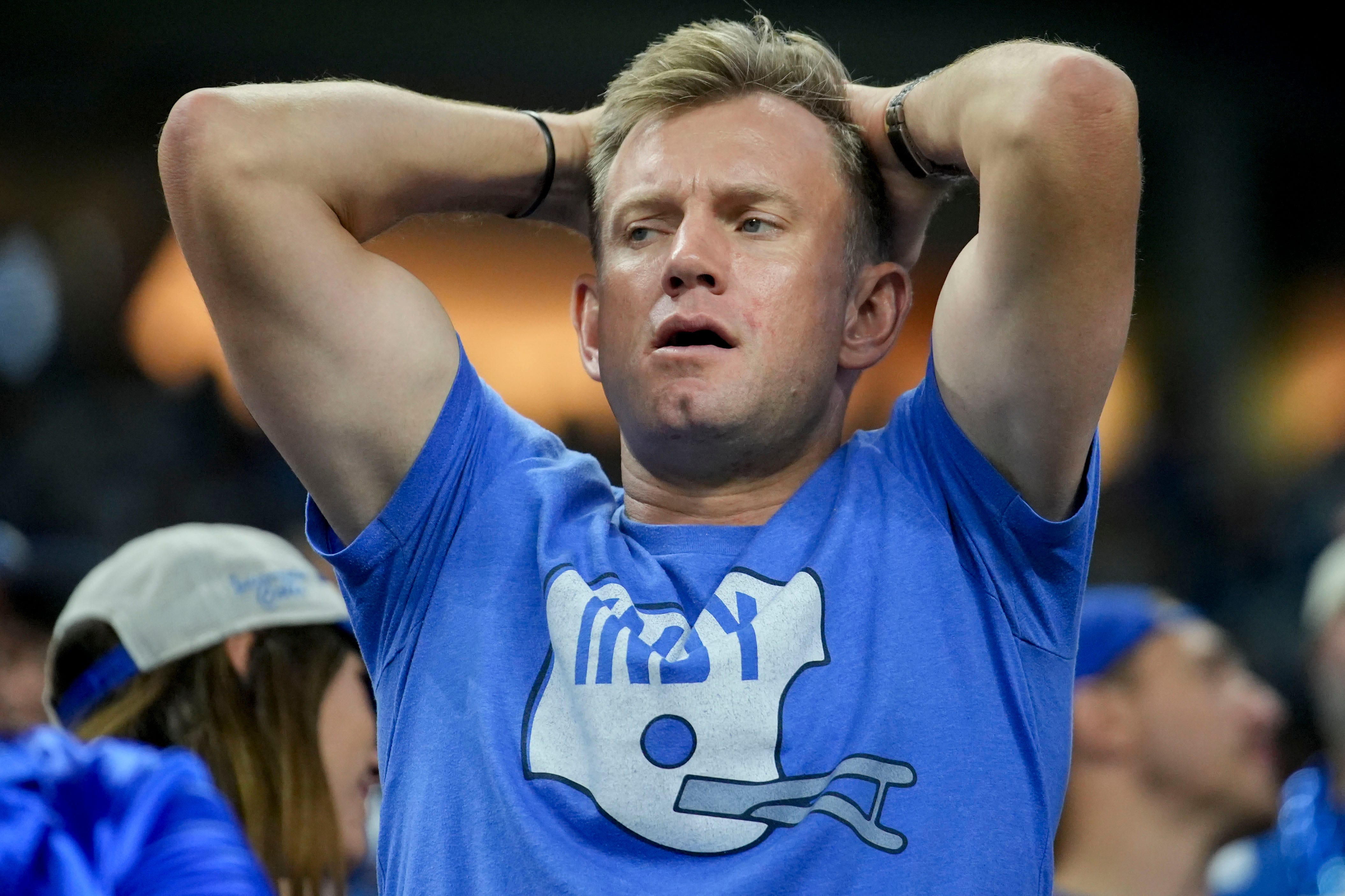 Indianapolis Colts fans react to the action on the field Sunday, Sept. 29, 2024, during a game against the Pittsburgh Steelers at Lucas Oil Stadium in Indianapolis.