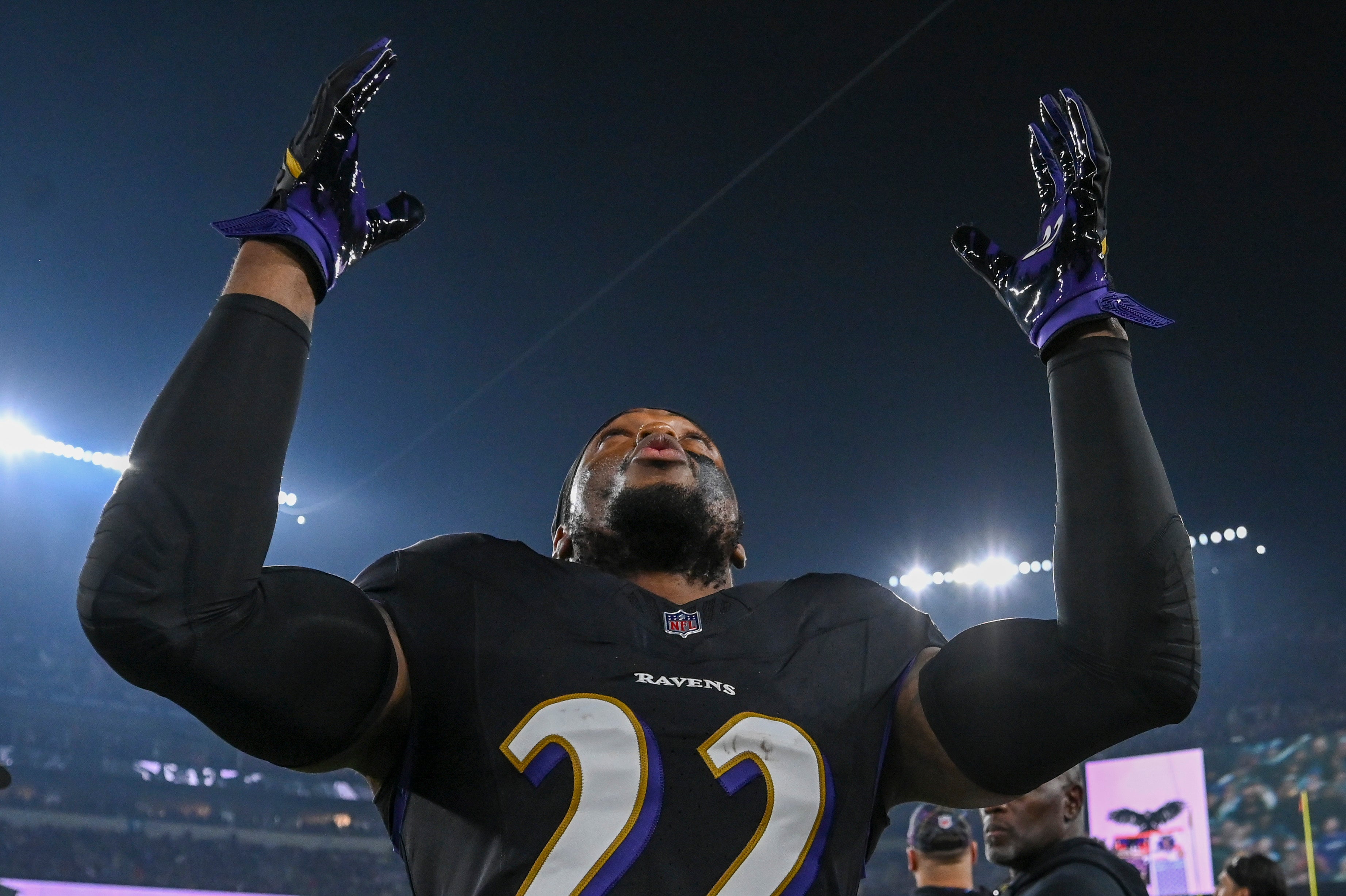 Sep 29, 2024; Baltimore, Maryland, USA; Baltimore Ravens running back Derrick Henry (22) takes a moment before the start of the game against the Buffalo Bills at M&T Bank Stadium. Mandatory Credit: Tommy Gilligan-Imagn Images