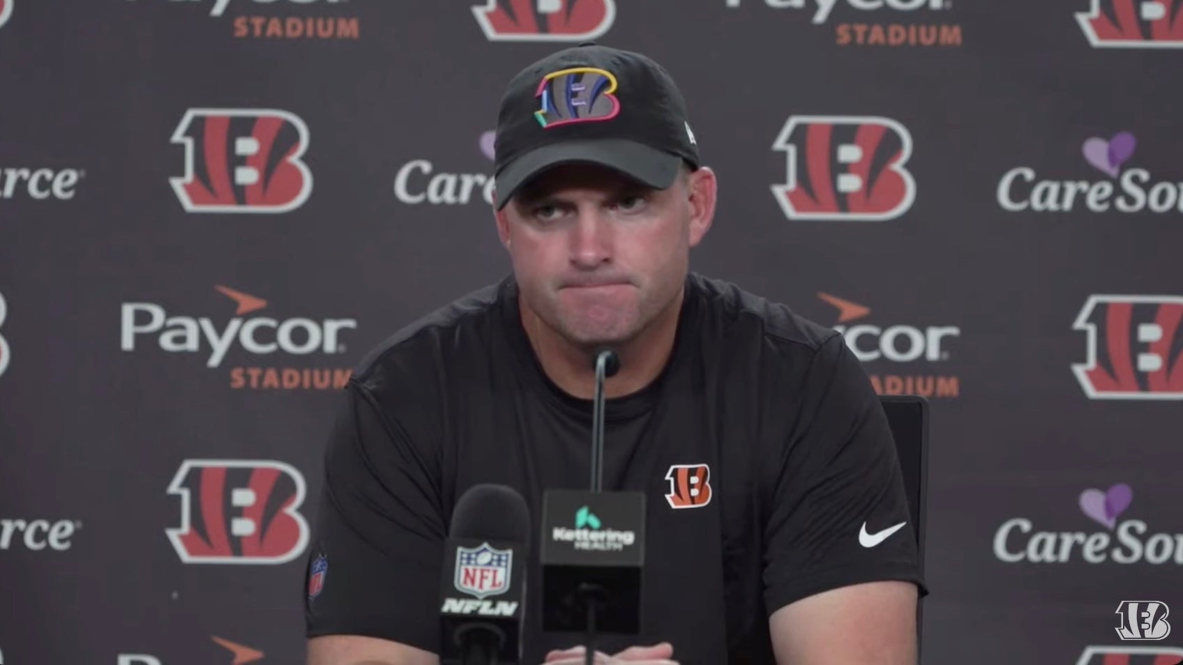Zac Taylor talks to reporters after the Cincinnati Bengals lose to the Baltimore Ravens, 41-38, in overtime.