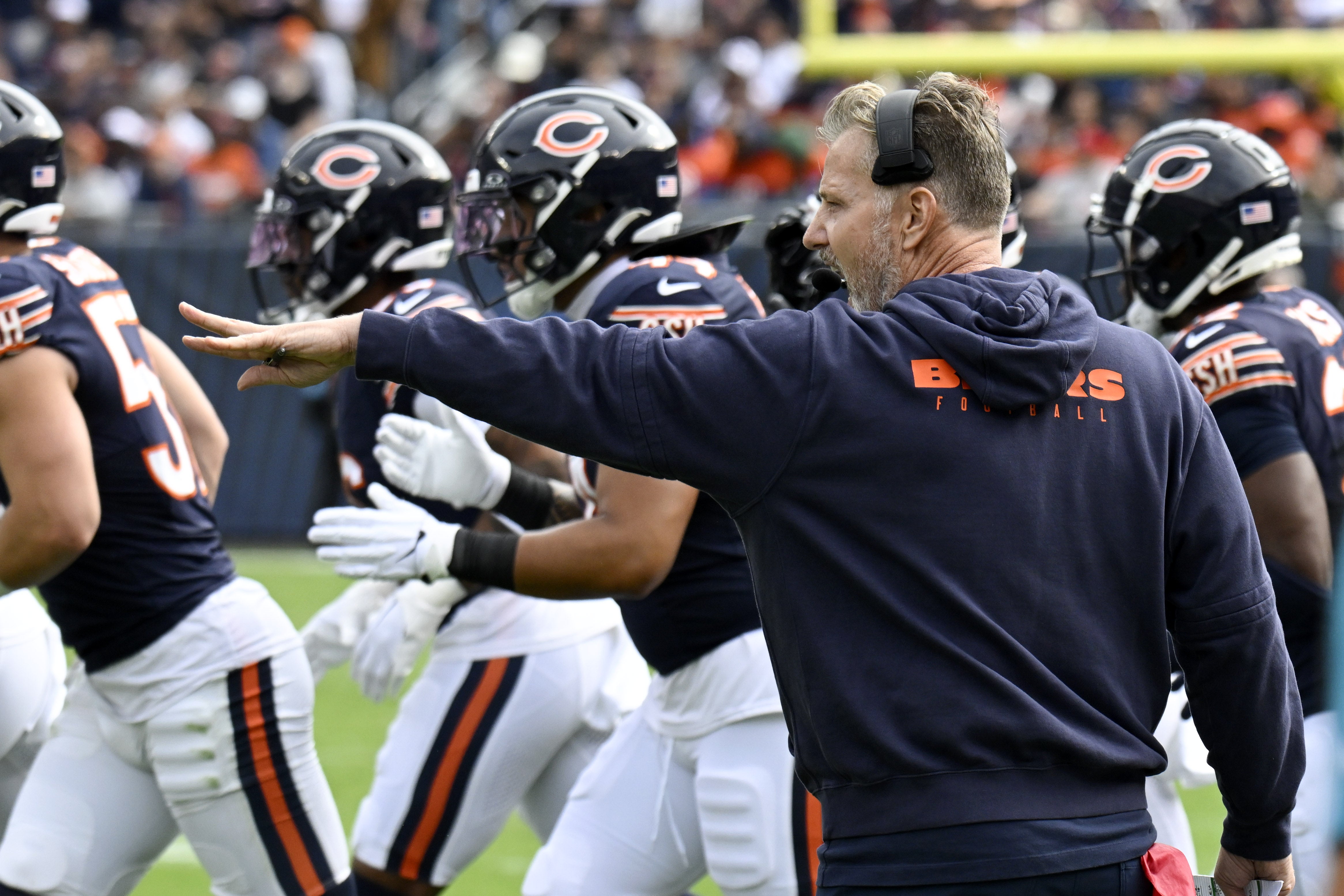Sep 29, 2024; Chicago, Illinois, USA; Chicago Bears head coach Matt Eberflus directs the team during the second half against the Los Angeles Rams at Soldier Field.