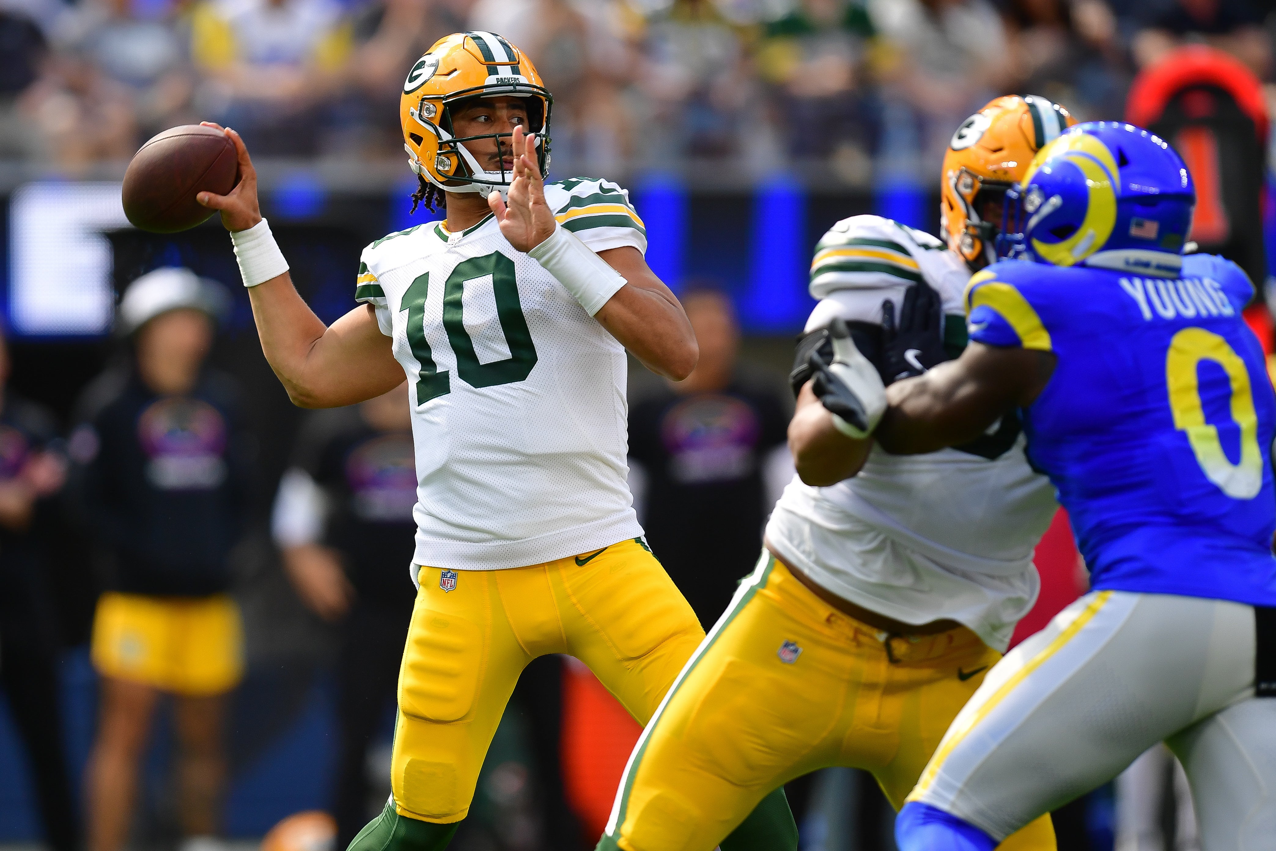 Green Bay Packers quarterback Jordan Love (10) throws against the Los Angeles Rams during the first half at SoFi Stadium.