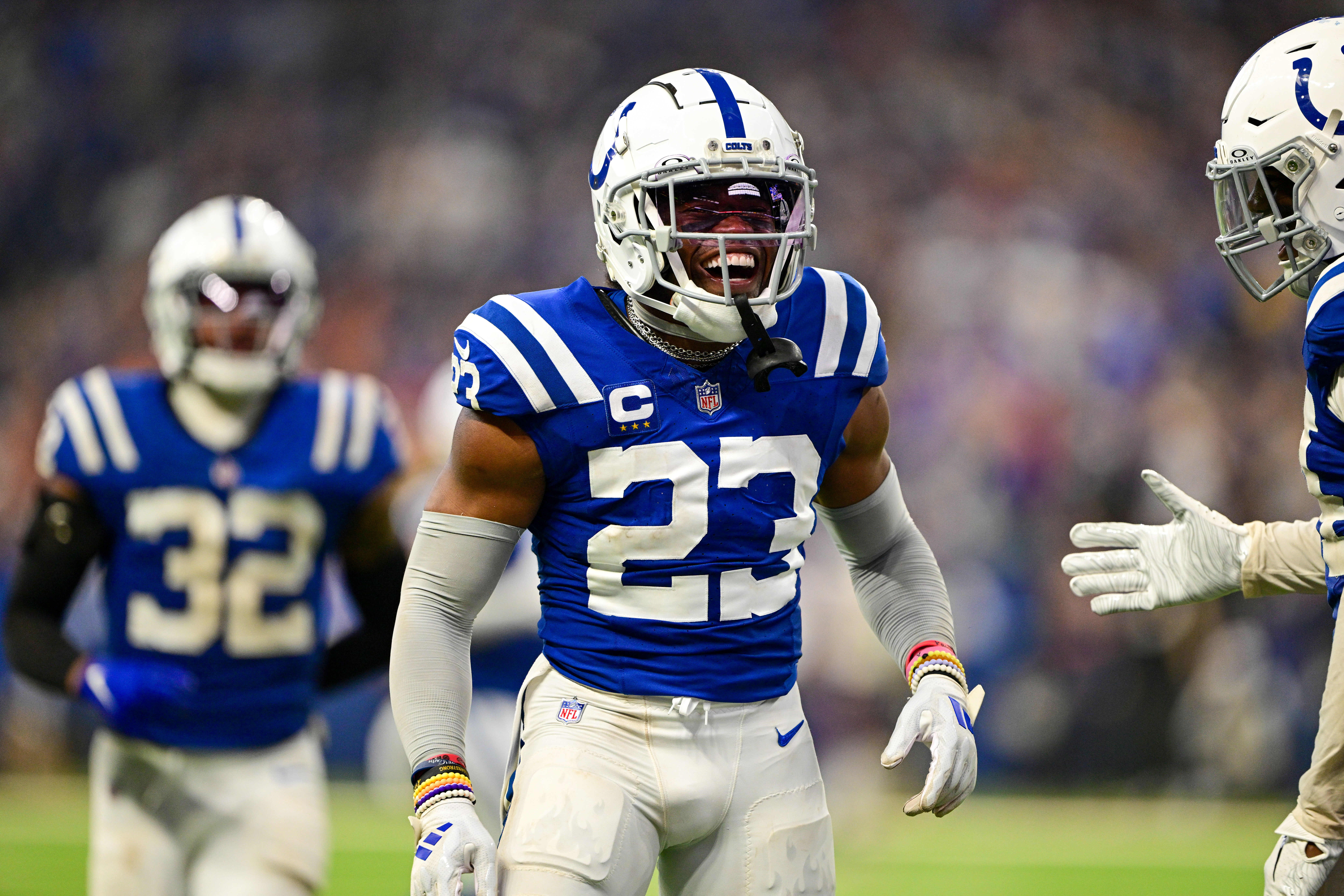 Sep 22, 2024; Indianapolis, Indiana, USA; Indianapolis Colts cornerback Kenny Moore II (23) celebrates a sack during the second half against the Chicago Bears at Lucas Oil Stadium.