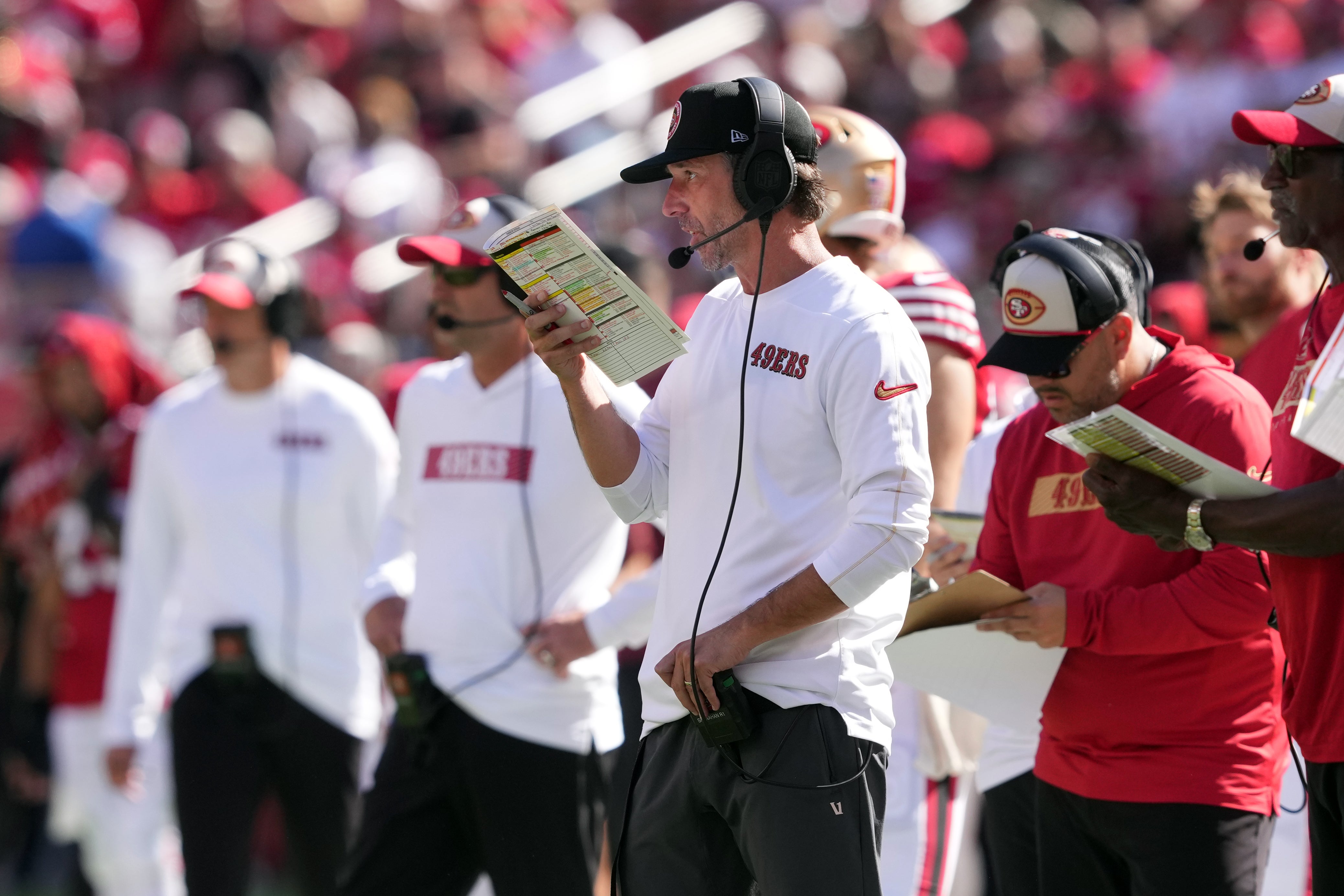 San Francisco 49ers head coach Kyle Shanahan stands on the sideline during the second quarter against the Arizona Cardinals at Levi's Stadium.