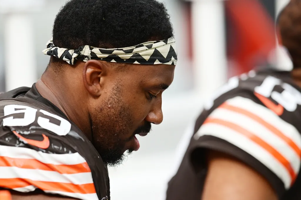 Cleveland Browns defensive end Myles Garrett (95) sits on the bench during the second half against the New York Giants at Huntington Bank Field.