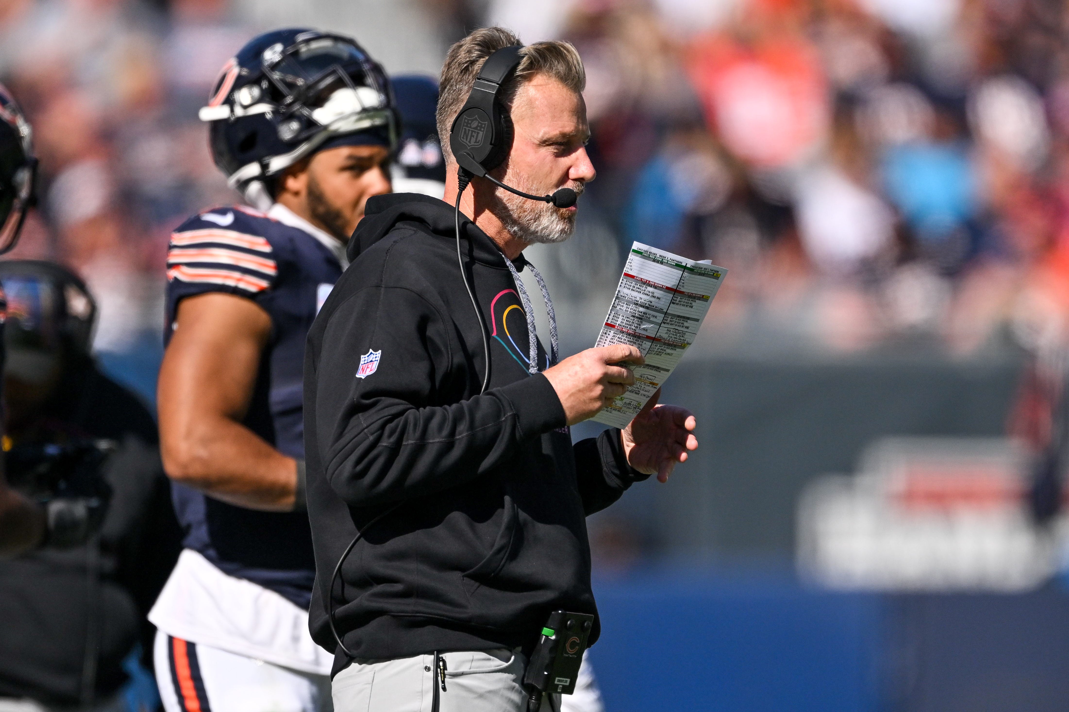 Oct 6, 2024; Chicago, Illinois, USA; Chicago Bears head coach Matt Eberflus looks on against the Carolina Panthers during the third quarter at Soldier Field.