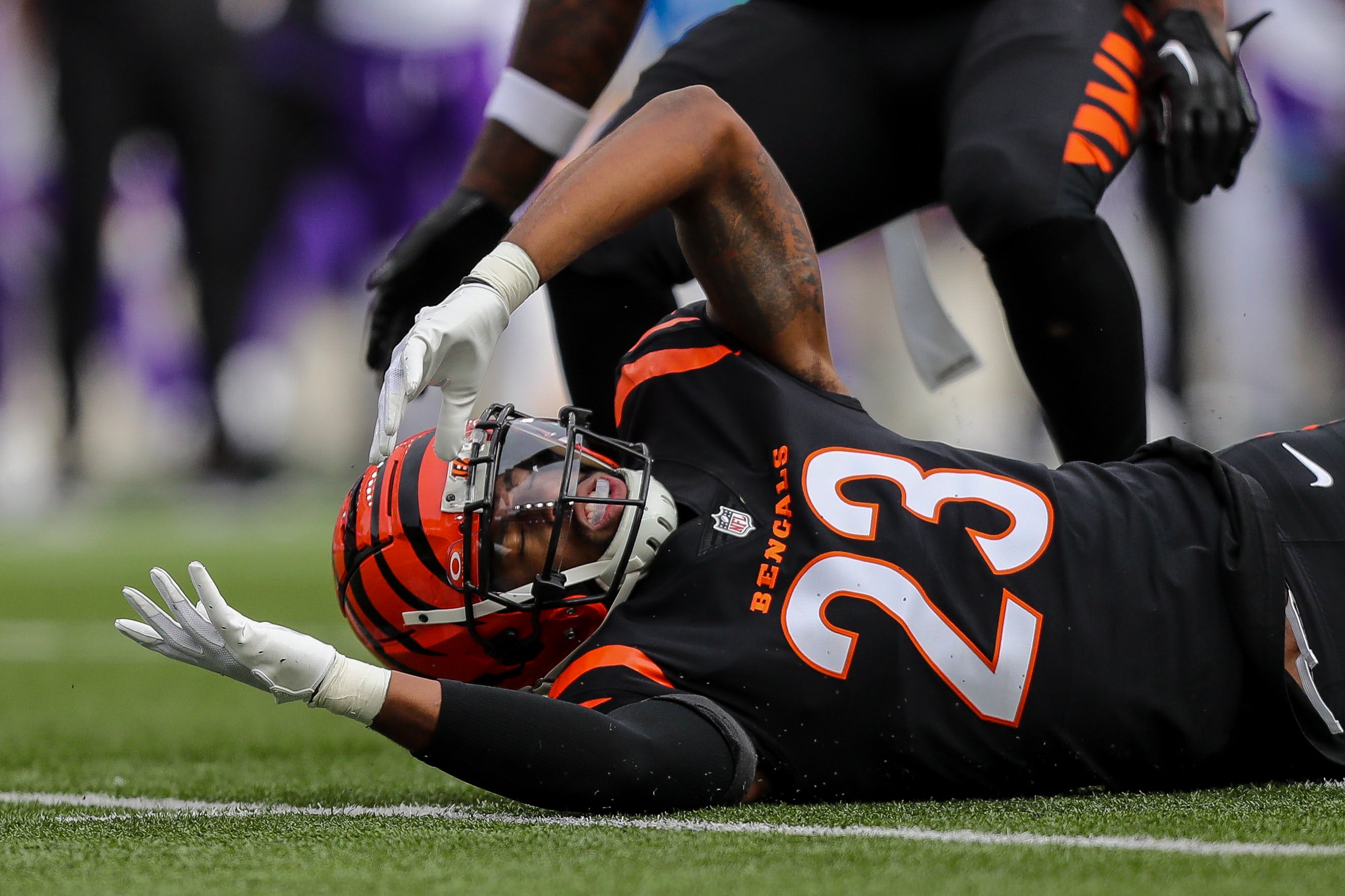 Dec 16, 2023; Cincinnati, Ohio, USA; Cincinnati Bengals safety Dax Hill (23) reacts after a play in the first half against the Minnesota Vikings at Paycor Stadium.