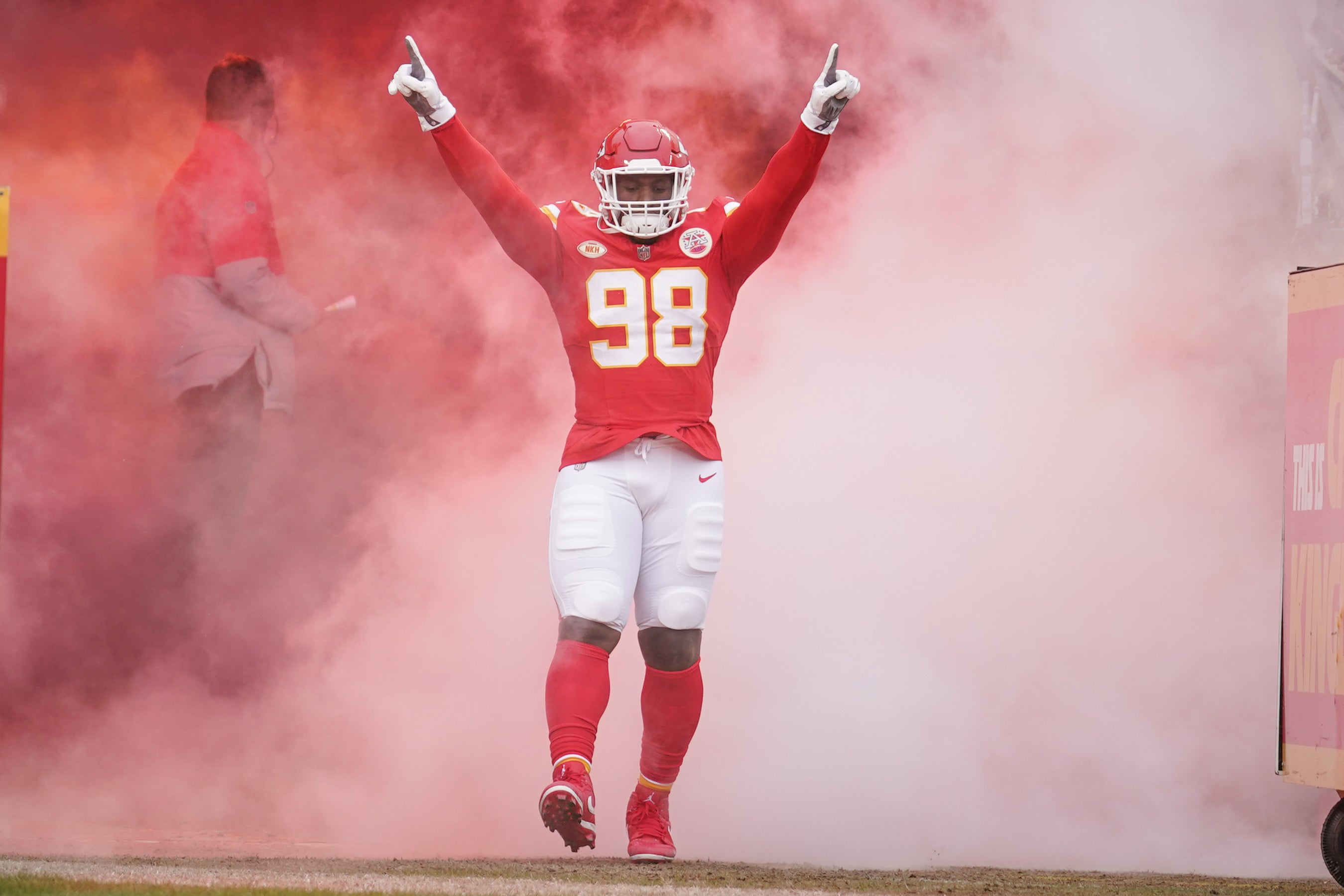Dec 25, 2023; Kansas City, Missouri, USA; Kansas City Chiefs defensive tackle Tershawn Wharton (98) is introduced against the Las Vegas Raiders prior to a game at GEHA Field at Arrowhead Stadium.