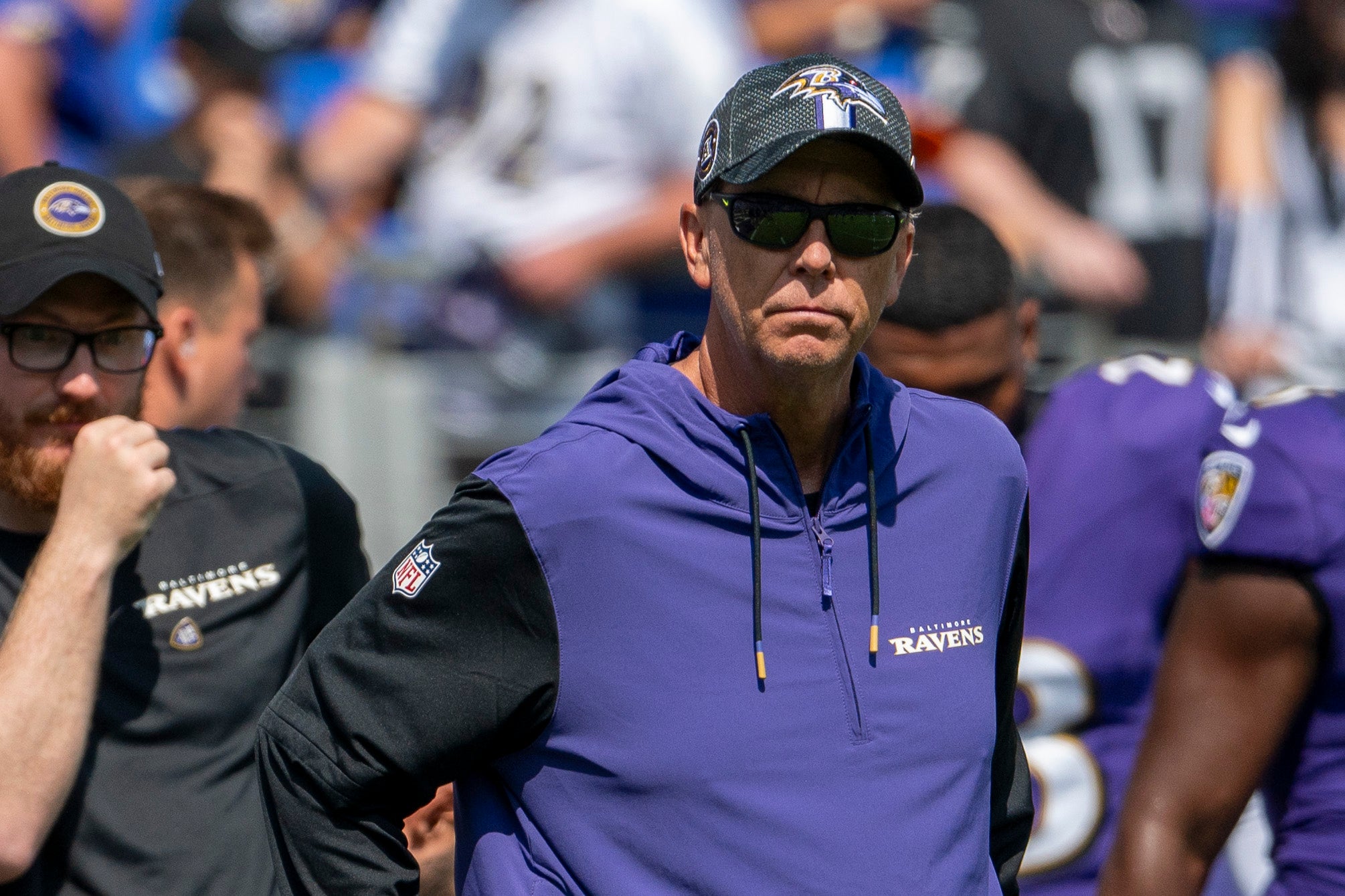 Baltimore Ravens coordinator Todd Monken on the field before the game against the Las Vegas Raiders at M&T Bank Stadium