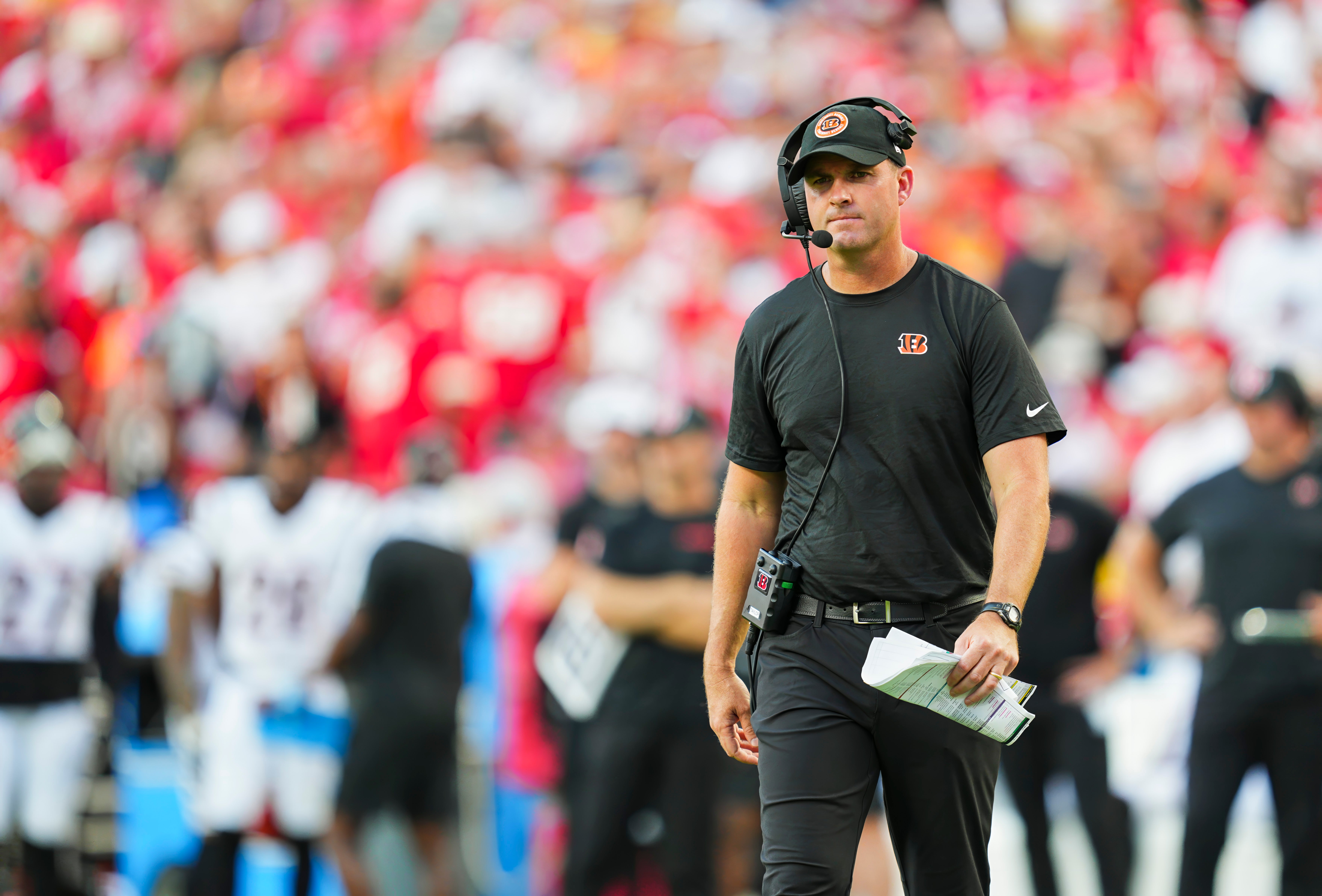 Sep 15, 2024; Kansas City, Missouri, USA; Cincinnati Bengals head coach Zac Taylor during the second half against the Kansas City Chiefs at GEHA Field at Arrowhead Stadium.
