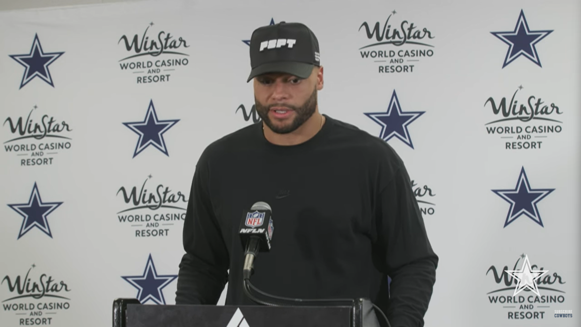 Dallas Cowboys quarterback Dak Prescott talks to the media postgame after win over Pittsburgh Steelers.