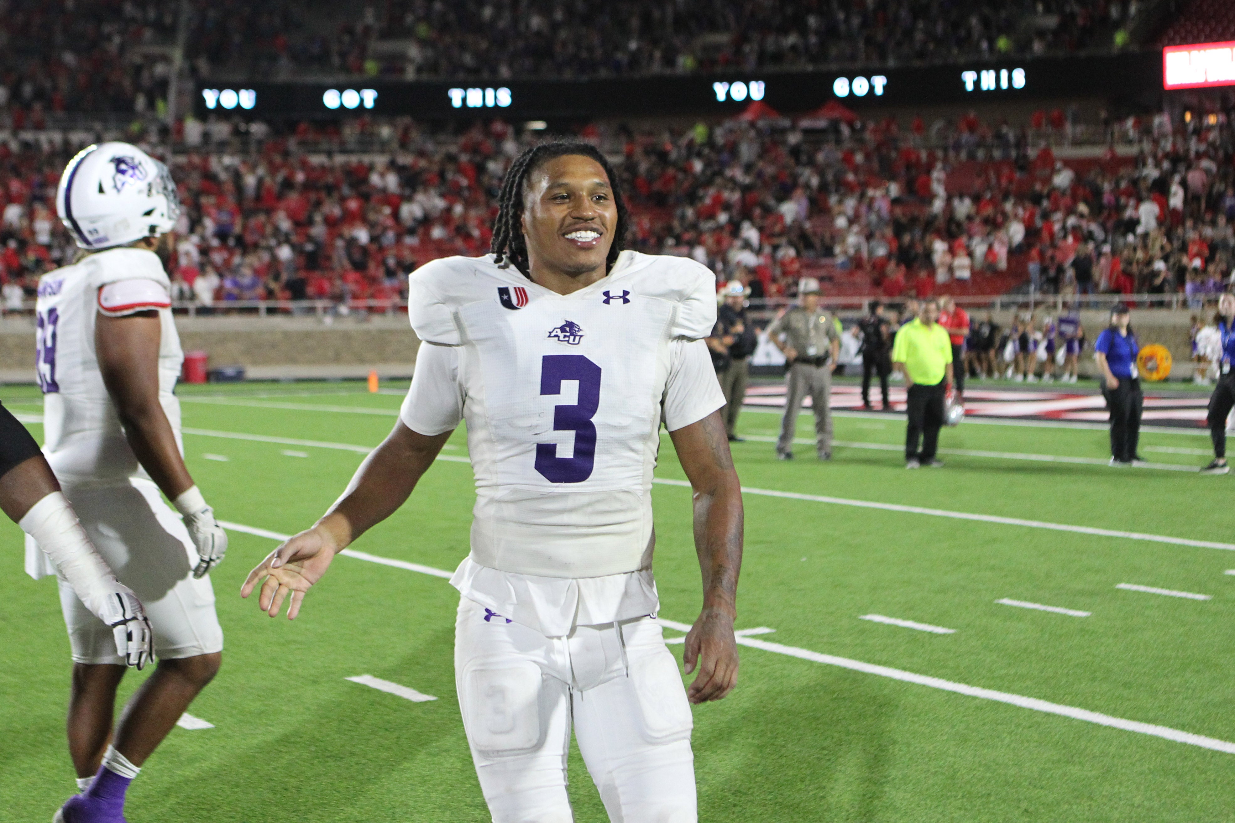 Abilene Christian Wildcats running back Rovaughn Banks Jr. (3) after the game against the Texas Tech Red Raiders.