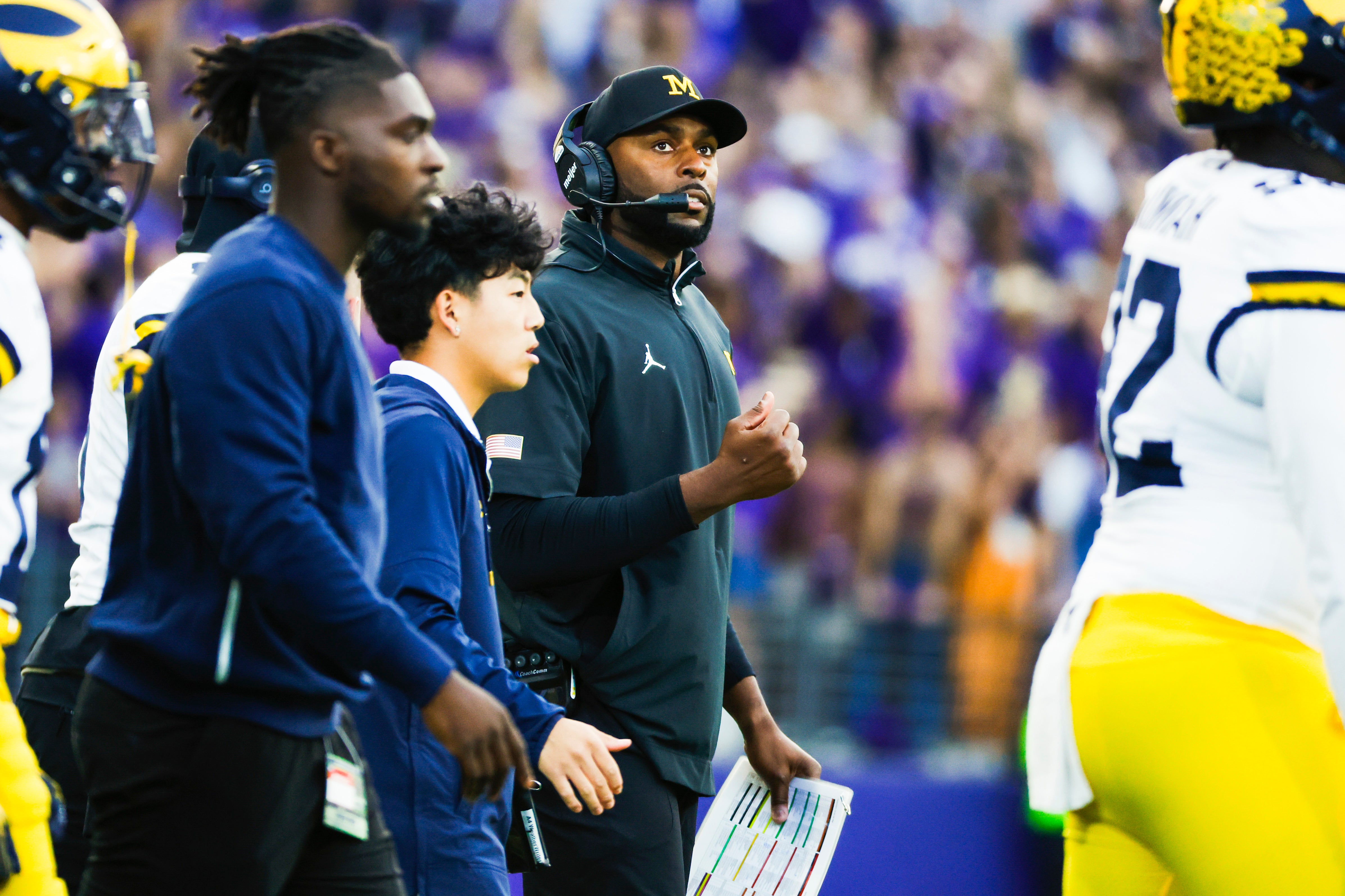Oct 5, 2024; Seattle, Washington, USA; Michigan Wolverines head coach Sherrone Moore reacts to a blocked field goal attempt by the Washington Huskies during the second quarter at Alaska Airlines Field at Husky Stadium.