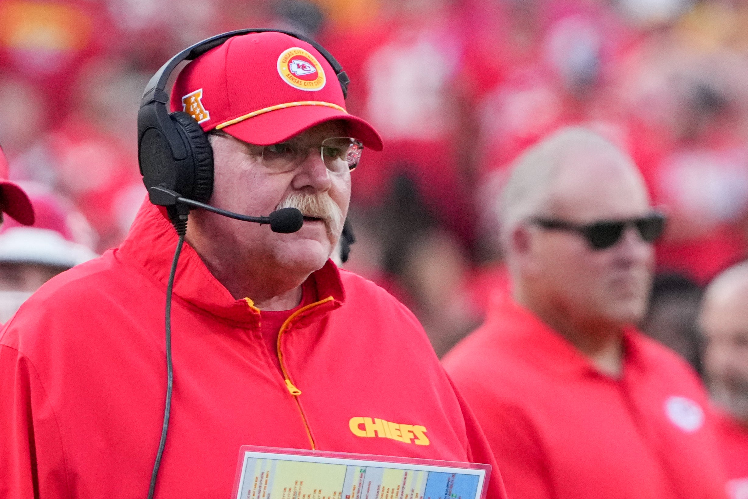Sep 15, 2024; Kansas City, Missouri, USA; Kansas City Chiefs head coach Andy Reid watches play agains the Cincinnati Bengals during the first half at GEHA Field at Arrowhead Stadium.